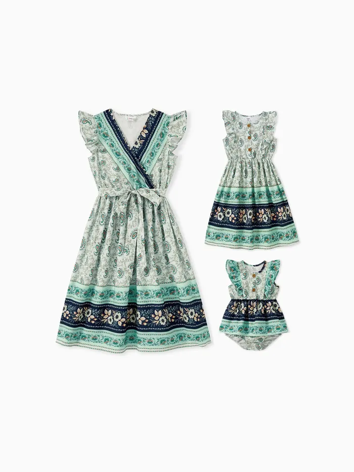 Mommy and Me Boho Style Ruffle Hem V Neck Floral Dresses with Hidden Snap Button