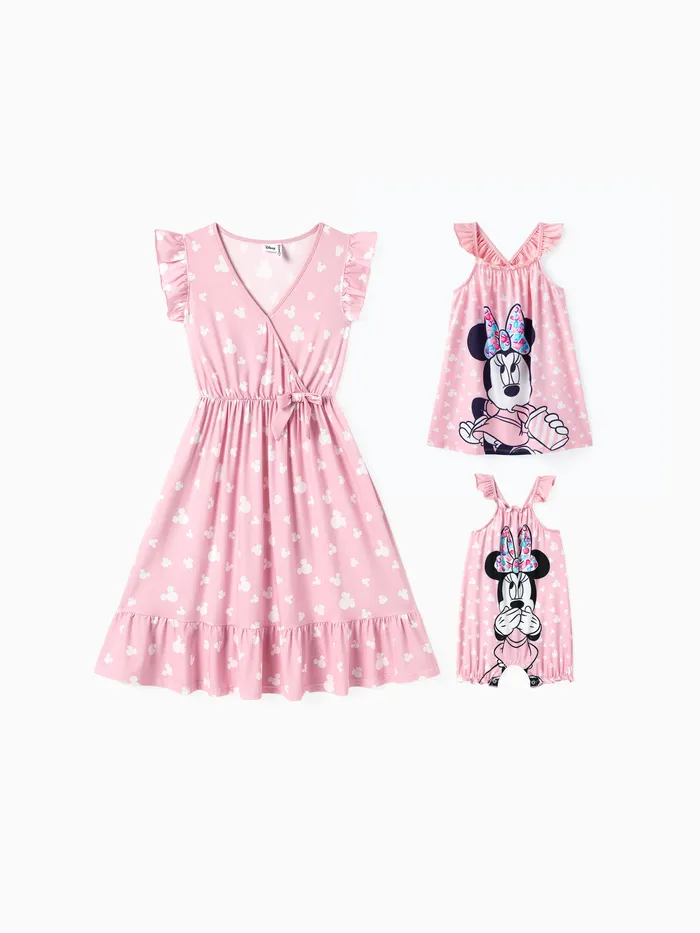 迪士尼媽媽和我粉色荷葉袖全身印花 naia™ 連衣裙