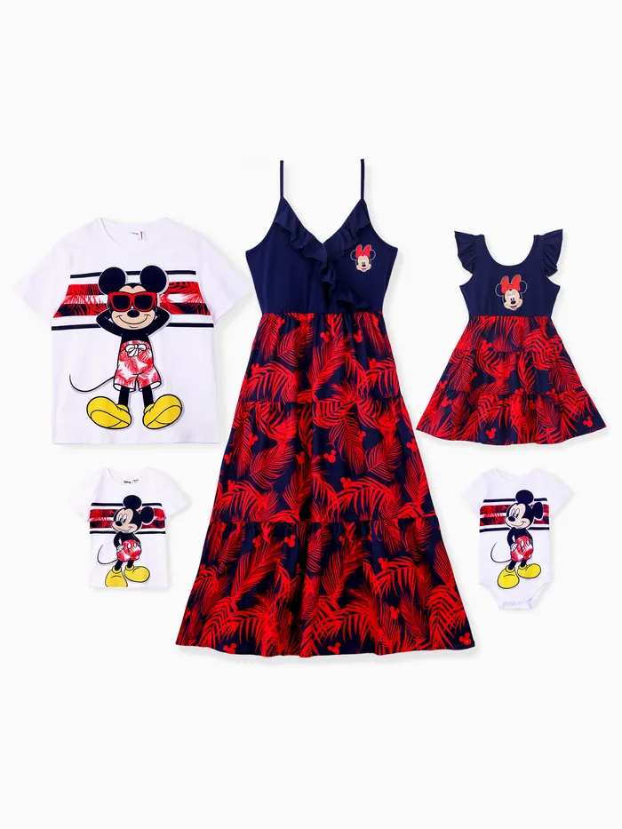 Disney Mickey and Friends Family Matching Plant Print Splice Ruffled Cami Dresses and Striped Cotton Short-sleeve T-shirts Sets