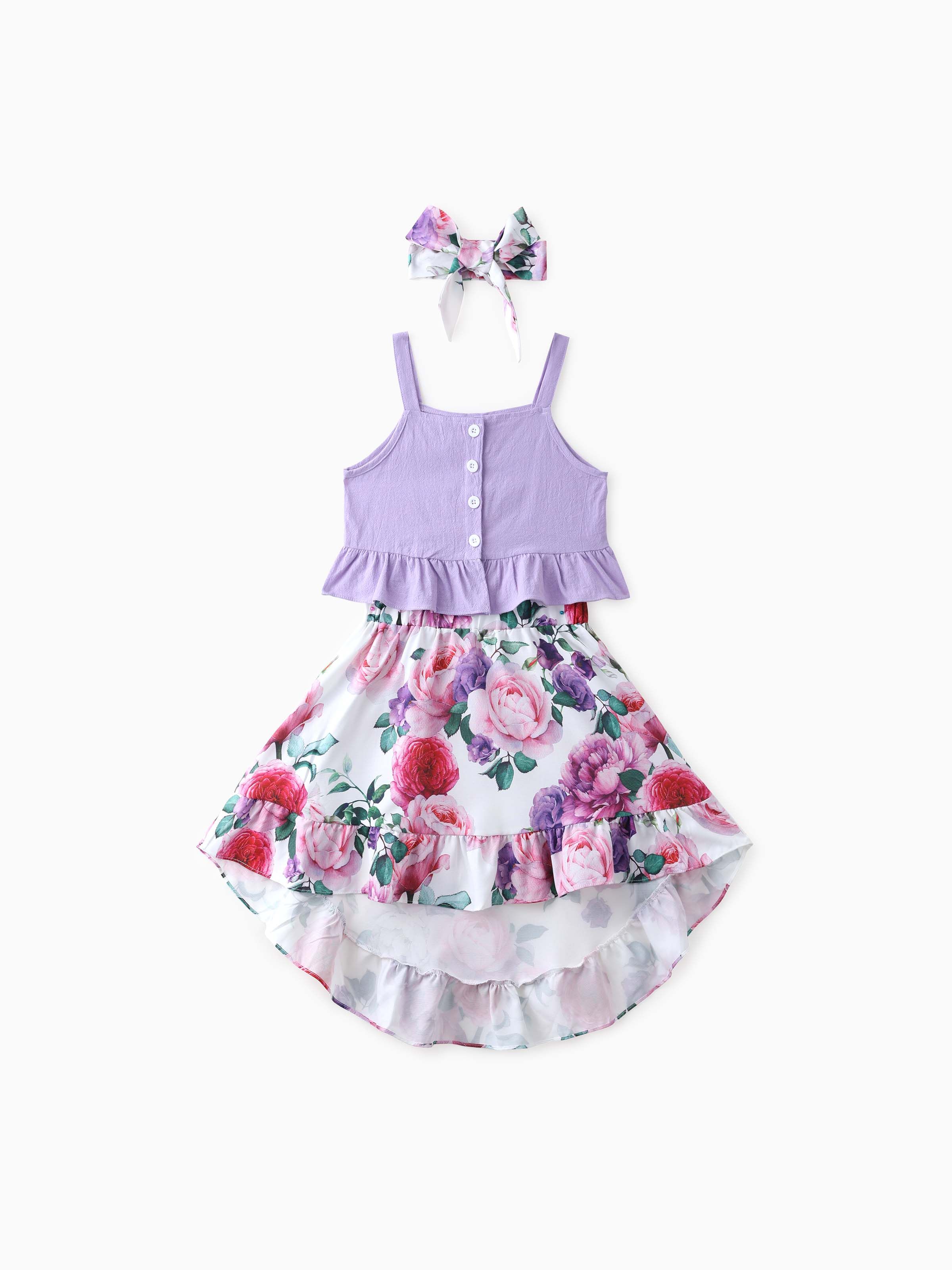 

Kid Girl 3pcs Cami Crop Top and Floral Print Ruffled Skirt with Headband Set