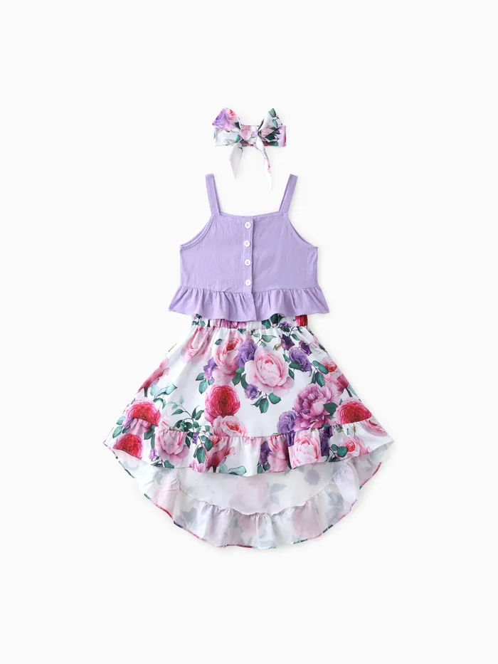 Enfant fille 3pcs Cami Crop Top et jupe à volants à imprimé floral avec bandeau ensemble 