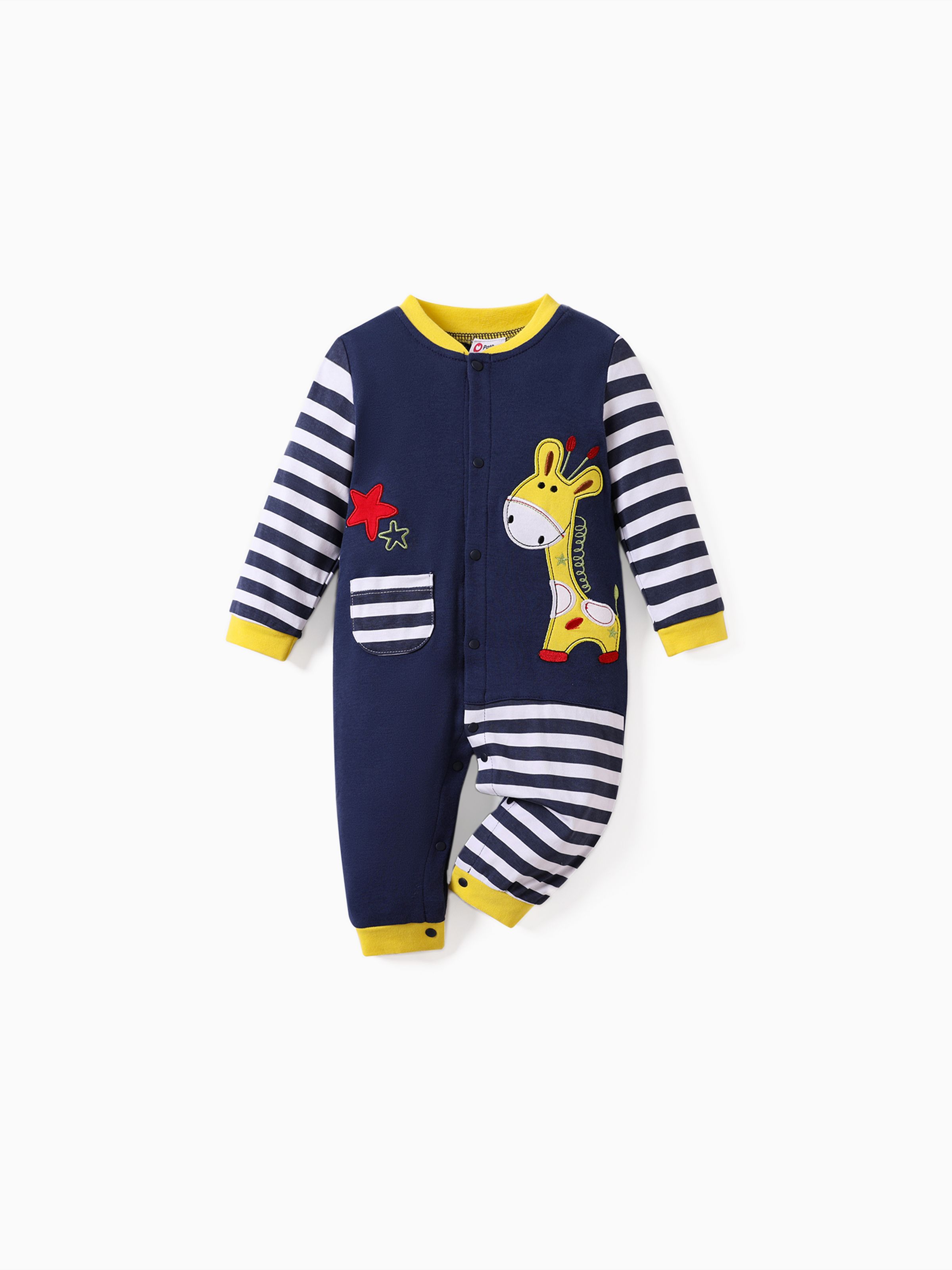 

100% Cotton Giraffe Applique Stripe Print Long-sleeve Baby Jumpsuit