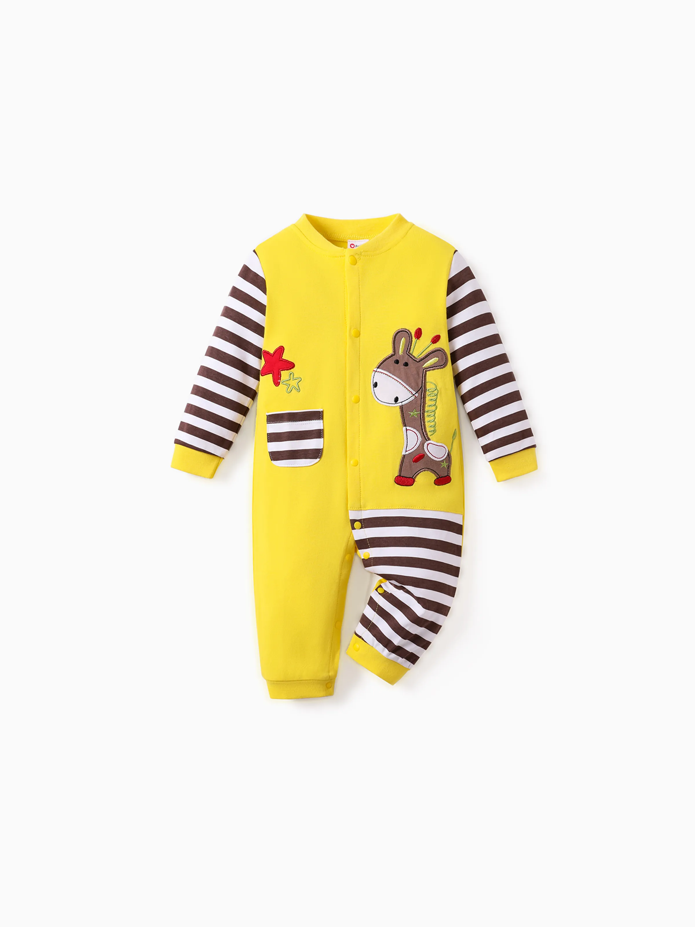 

100% Cotton Giraffe Applique Stripe Print Long-sleeve Baby Jumpsuit