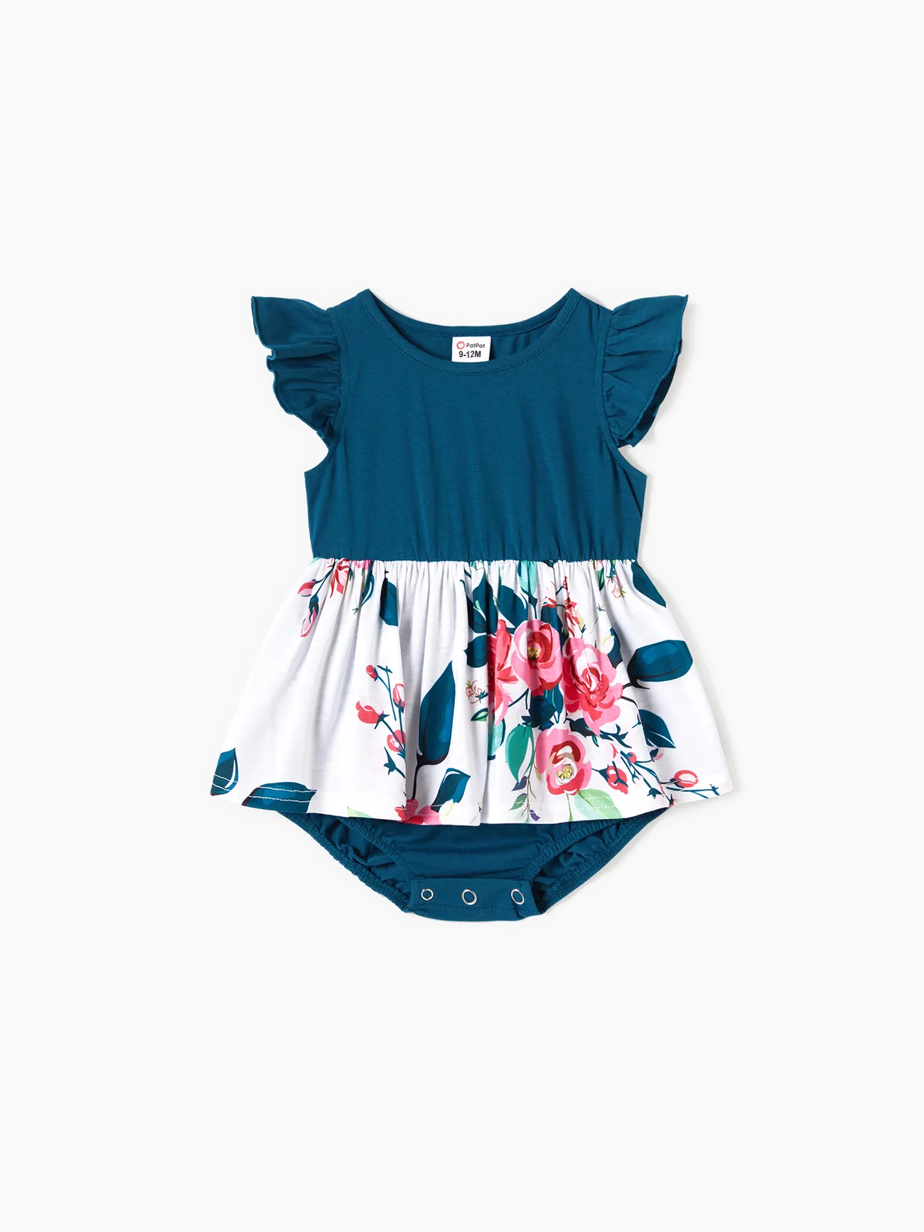 Family Matching Solid V Neck Flutter-sleeve Splicing Floral Print Dresses and Short-sleeve Colorblock T-shirts Sets Azure- big image 1
