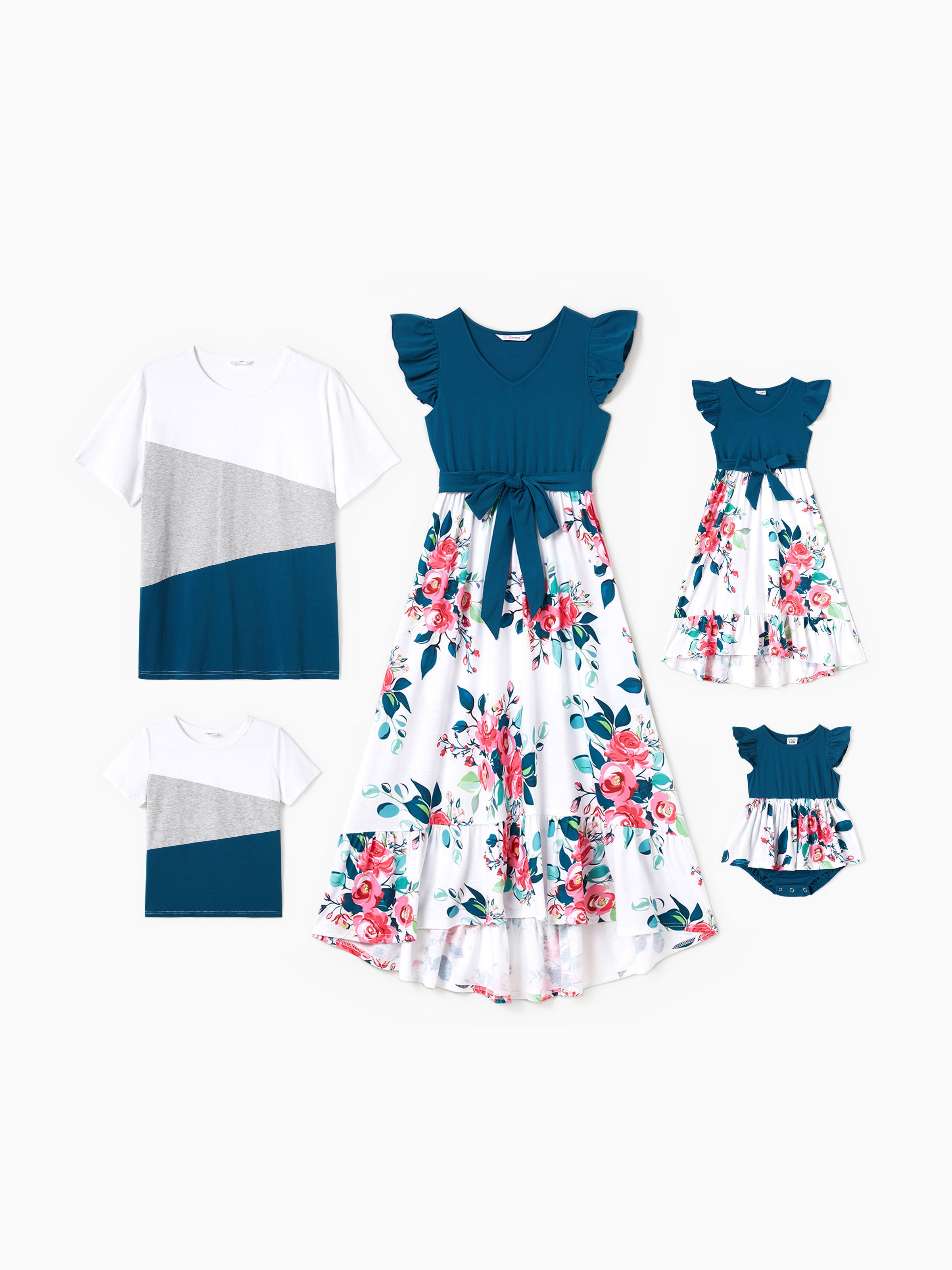 Family Matching Solid Short-sleeve Splicing Floral Print Dresses and Colorblock T-shirts Sets