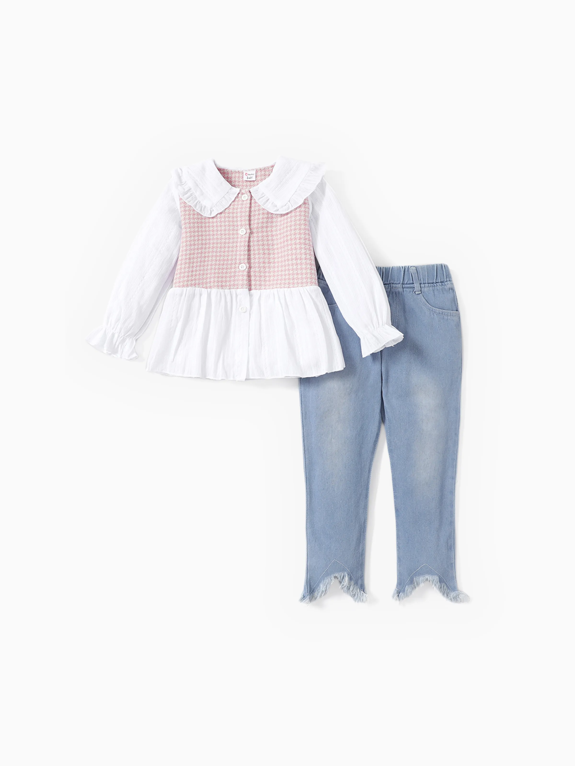 

2-piece Toddler Girl Doll Collar Tweed Splice Long-sleeve Top and Ripped Hem Denim Jeans Set