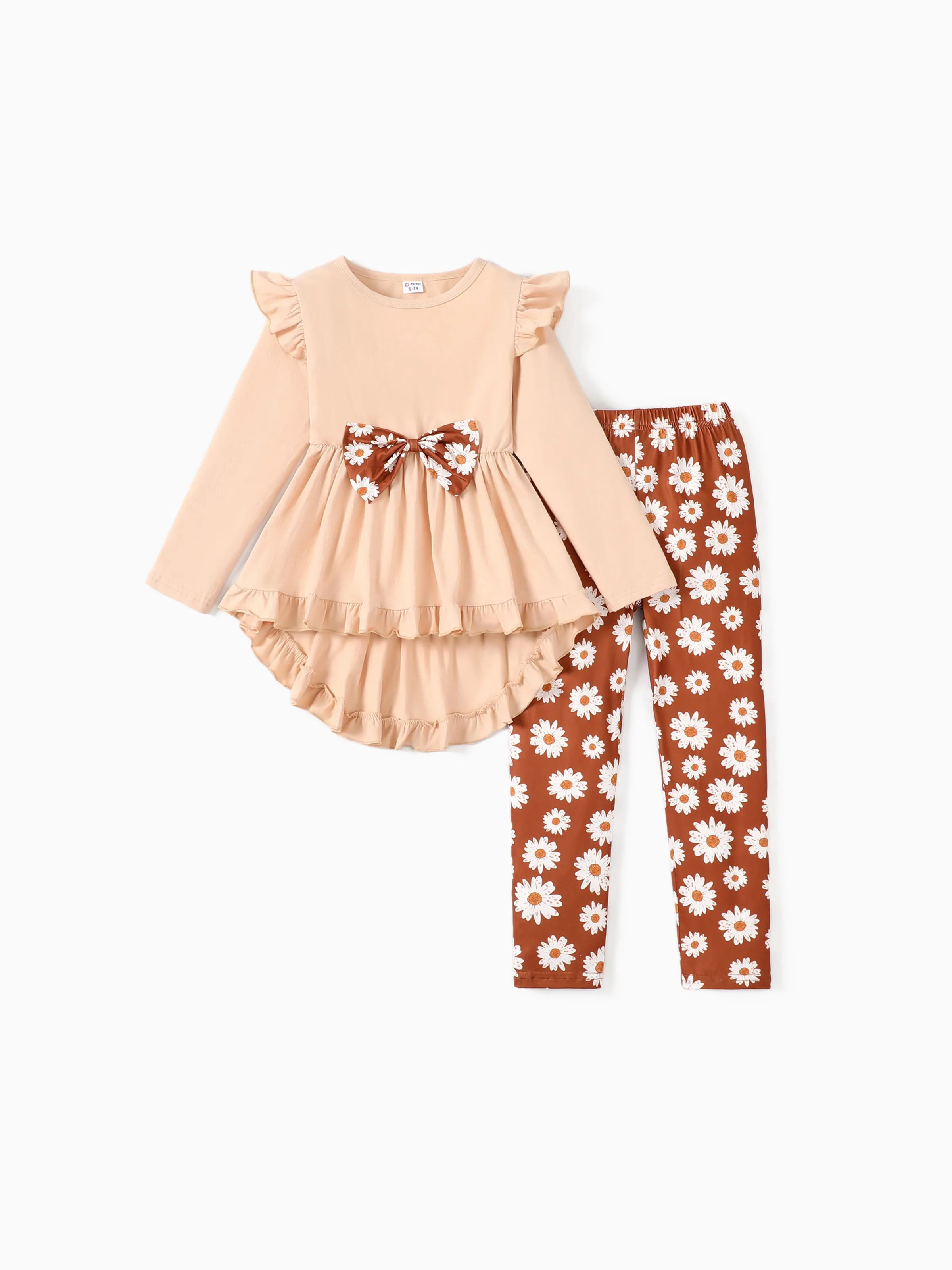 

2-piece Kid Girl Bowknot Ruffled Long-sleeves Tee and Flower Allover Print Pants