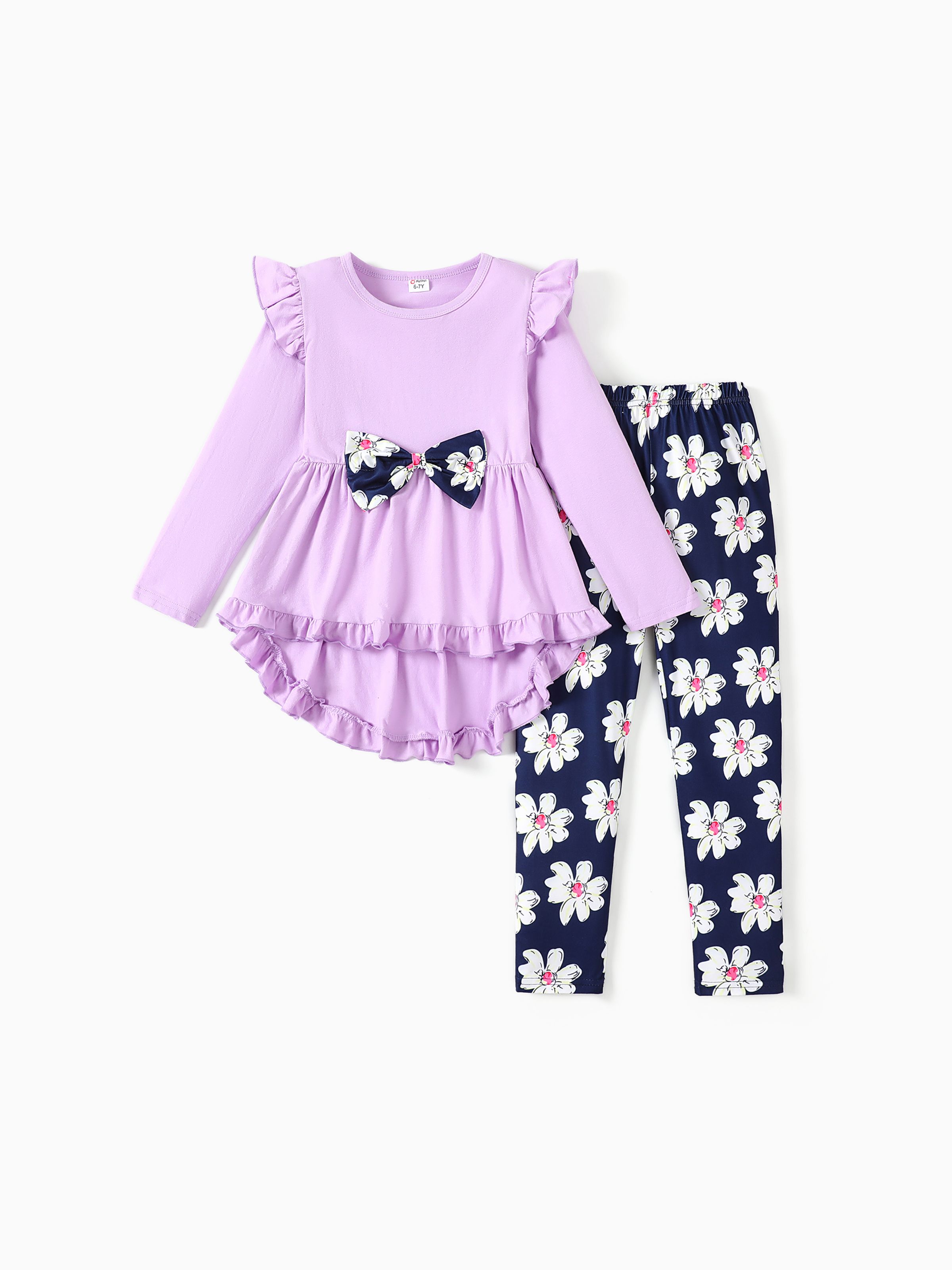 

2-piece Kid Girl Bowknot Ruffled Long-sleeves Tee and Flower Allover Print Pants