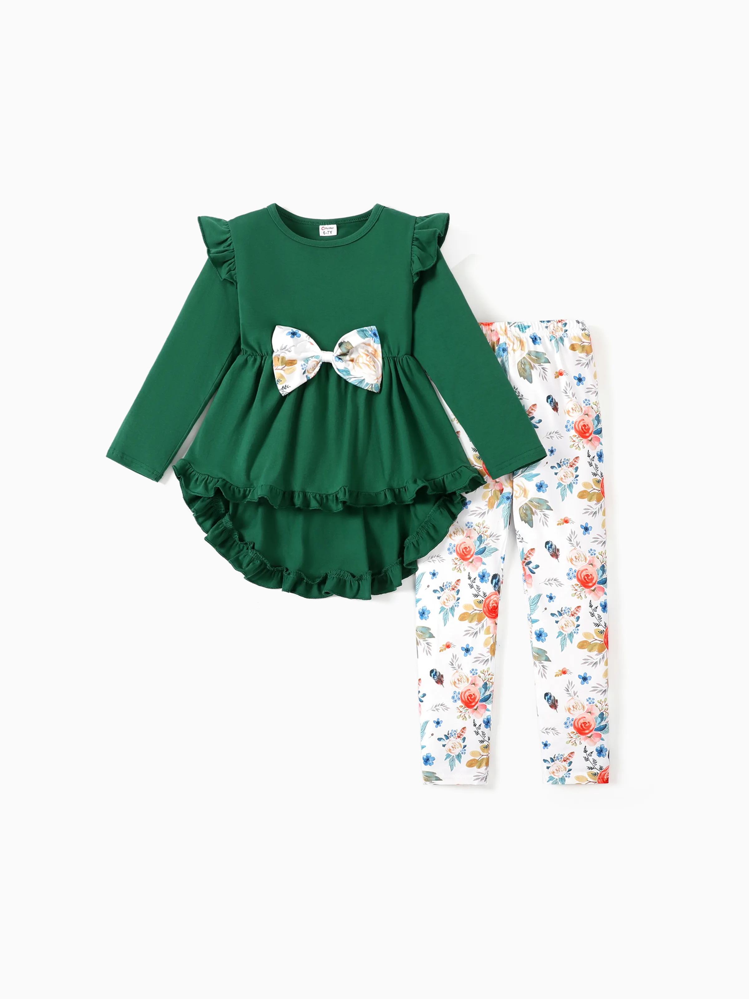 

2-piece Kid Girl Bowknot Ruffled Long-sleeves Tee and Flower Allover Print Pants