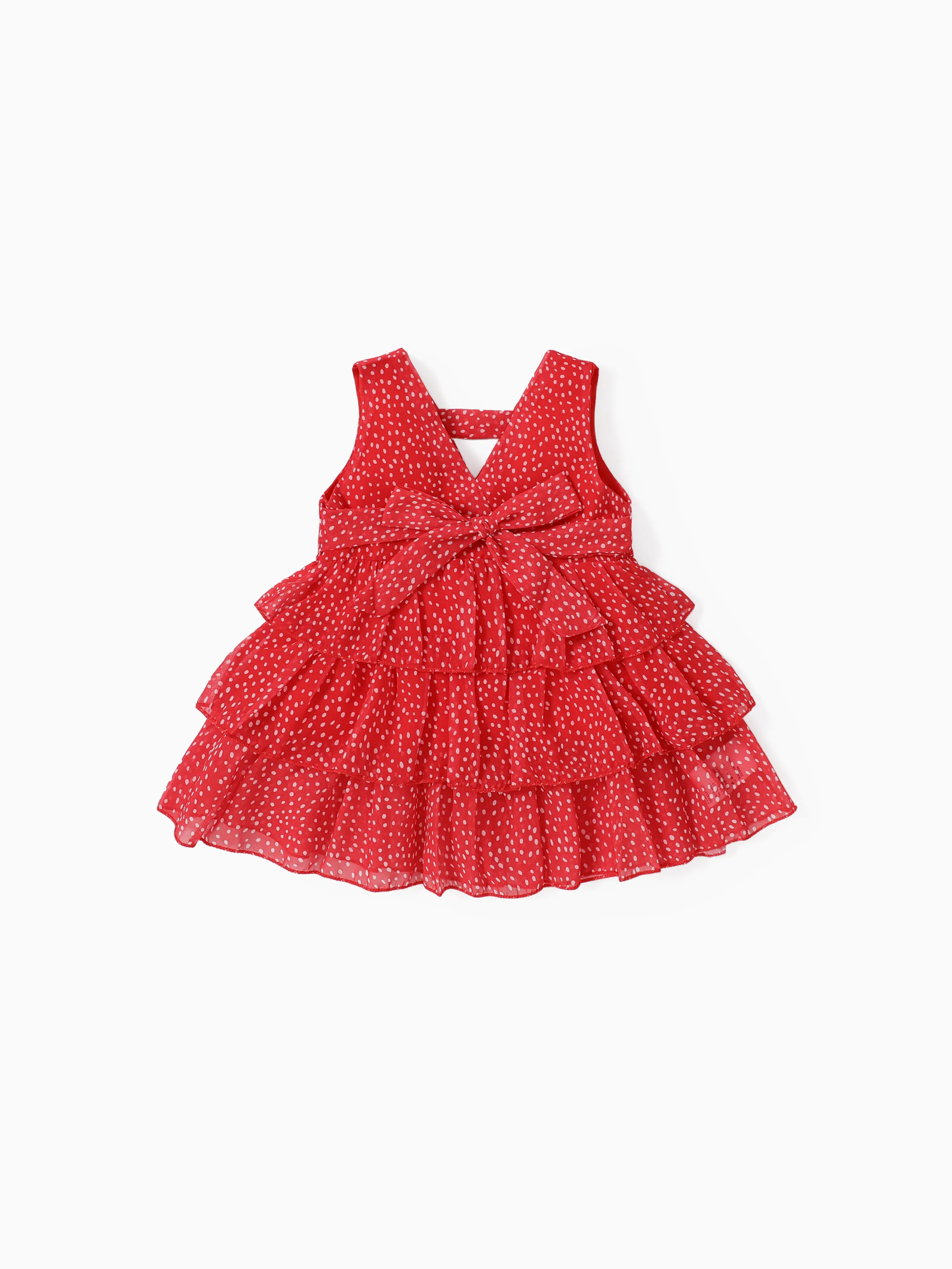 

Dots or Floral Print Flounce Layered Sleeveless Baby Dress