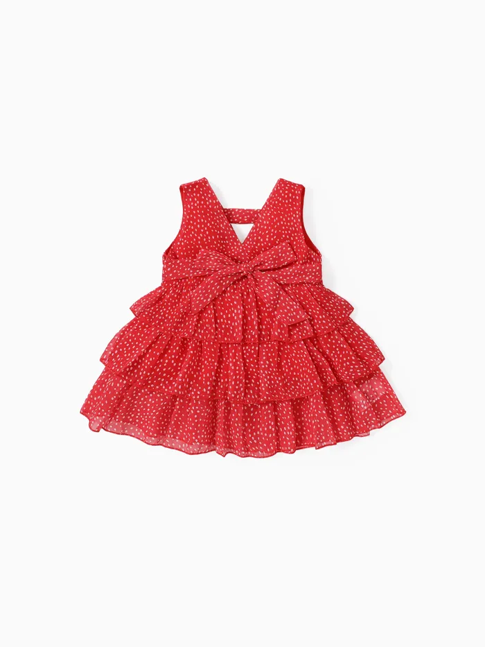 Dots or Floral Print Flounce Layered Sleeveless Baby Dress