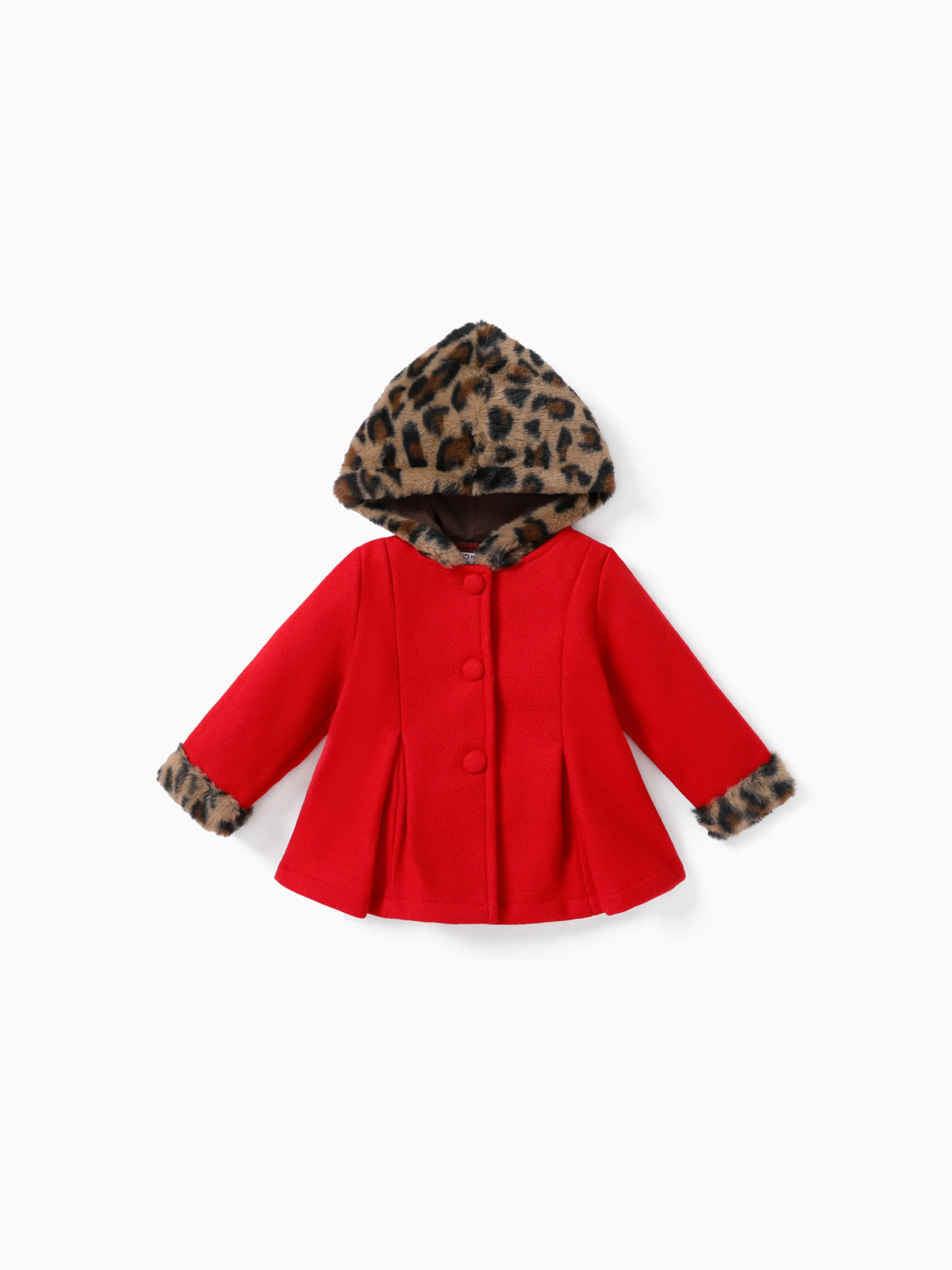 manteau bébé rouge à manches longues et capuche léopard en laine mélangée