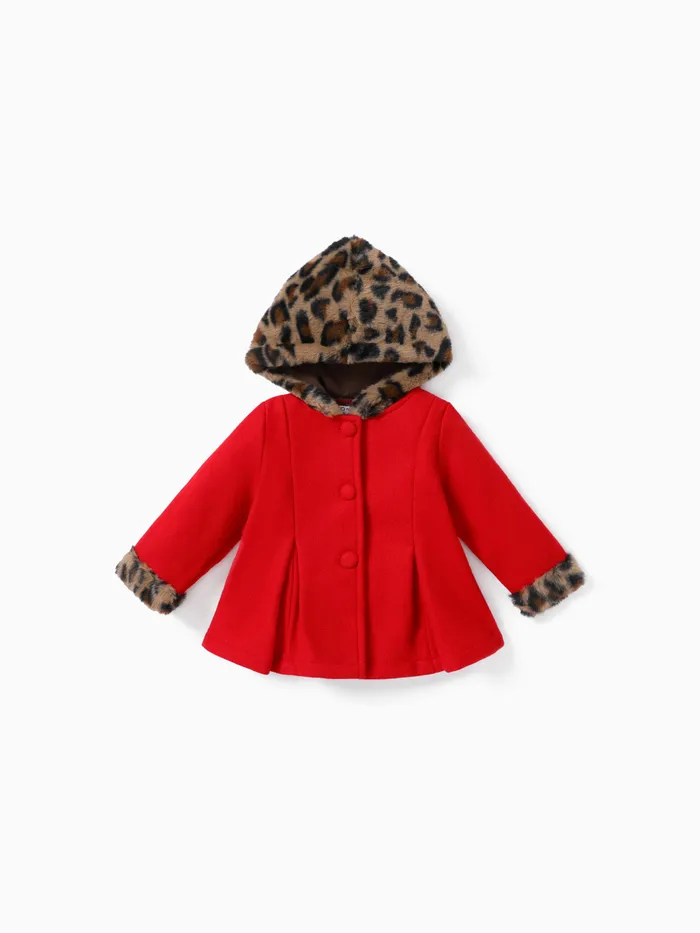 嬰兒紅色長袖鈕扣豹紋連帽羊毛混紡外套