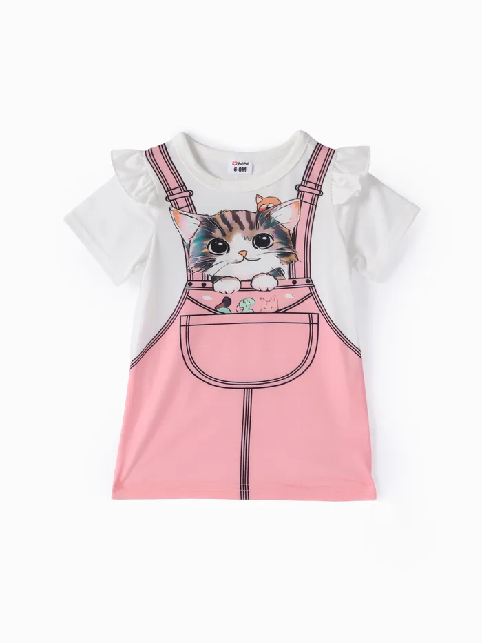 Baby Mädchen Kindliches Tiermuster Katze Flatterärmel Kleid