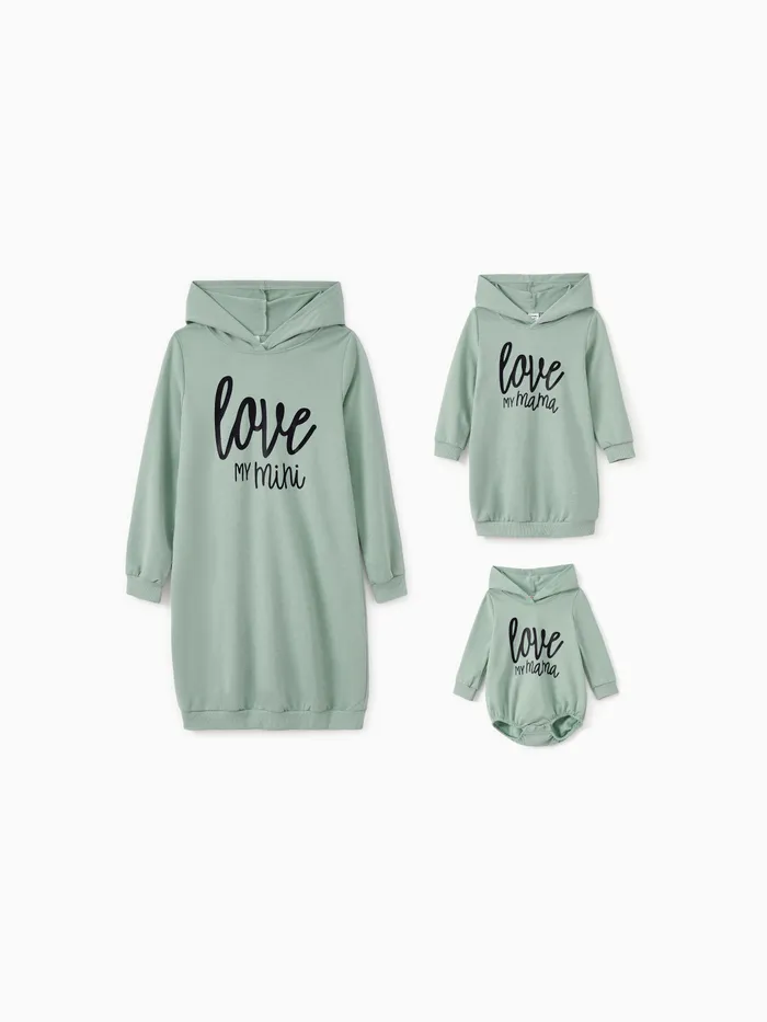 Mommy and Me Letter Print Green Long-sleeve Hoodie Dresses