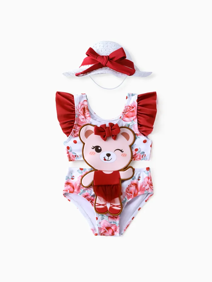 Baby Girl 2pcs Bear Embroidery Swimsuit with Hat