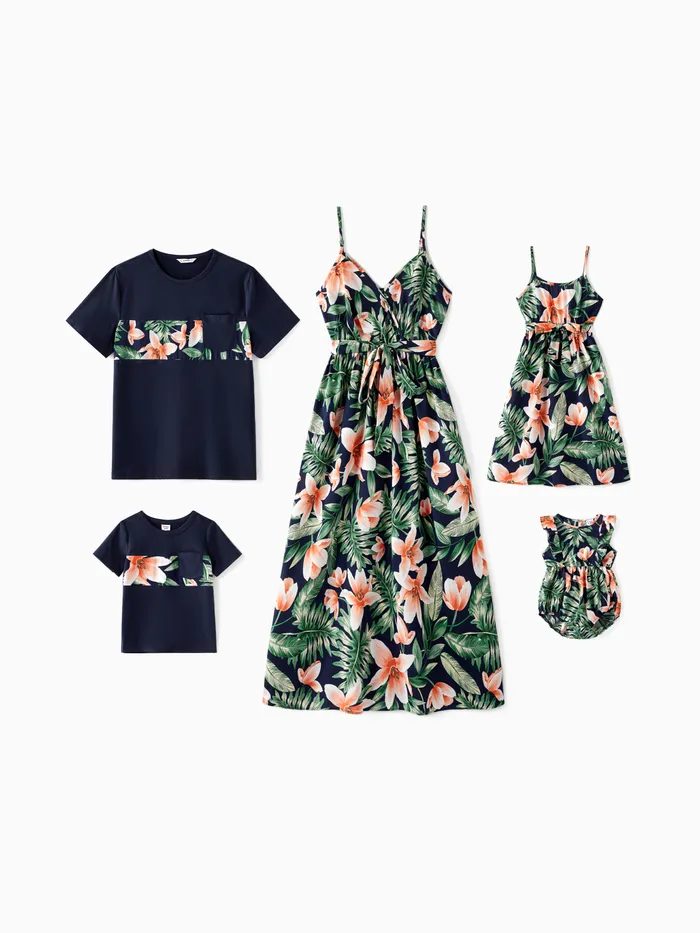 Family Matching Tropical Plant and Flower Print Vacation Outfits