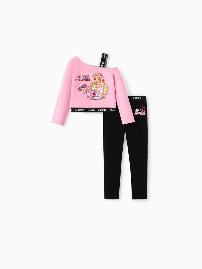 Conjunto de leggings e camiseta de algodão manga longa barbie 2 peças com estampa de letras e um ombro