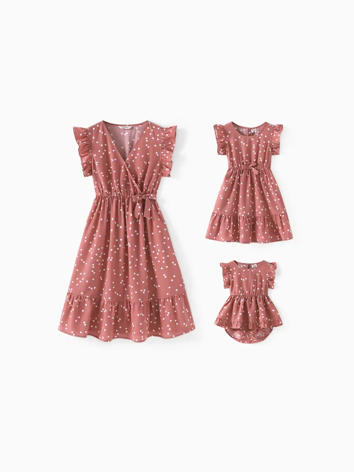 All Over Dots Pink Cross Wrap V Neck Ruffle Flutter-sleeve Dress for Mom and Me