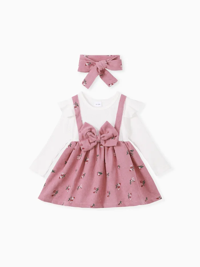 2pcs Baby Girl Floral Print Combo Dress con fascia Set  