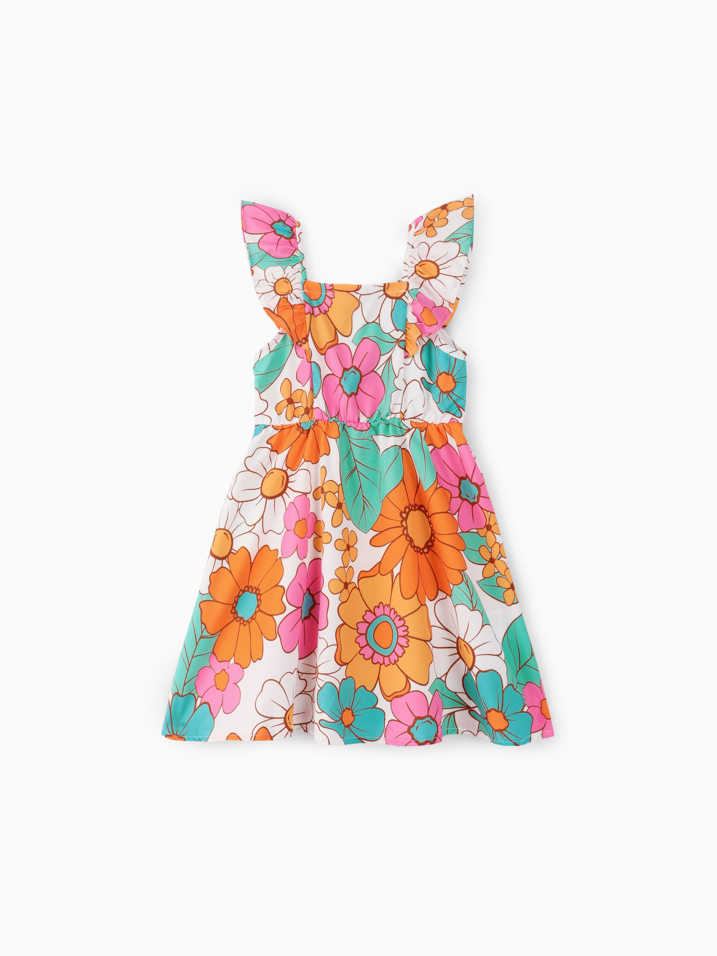 

Sweet Floral Toddler Girl Dress with Flutter Sleeve, 1pc Set, Polyester/Spandex Blend