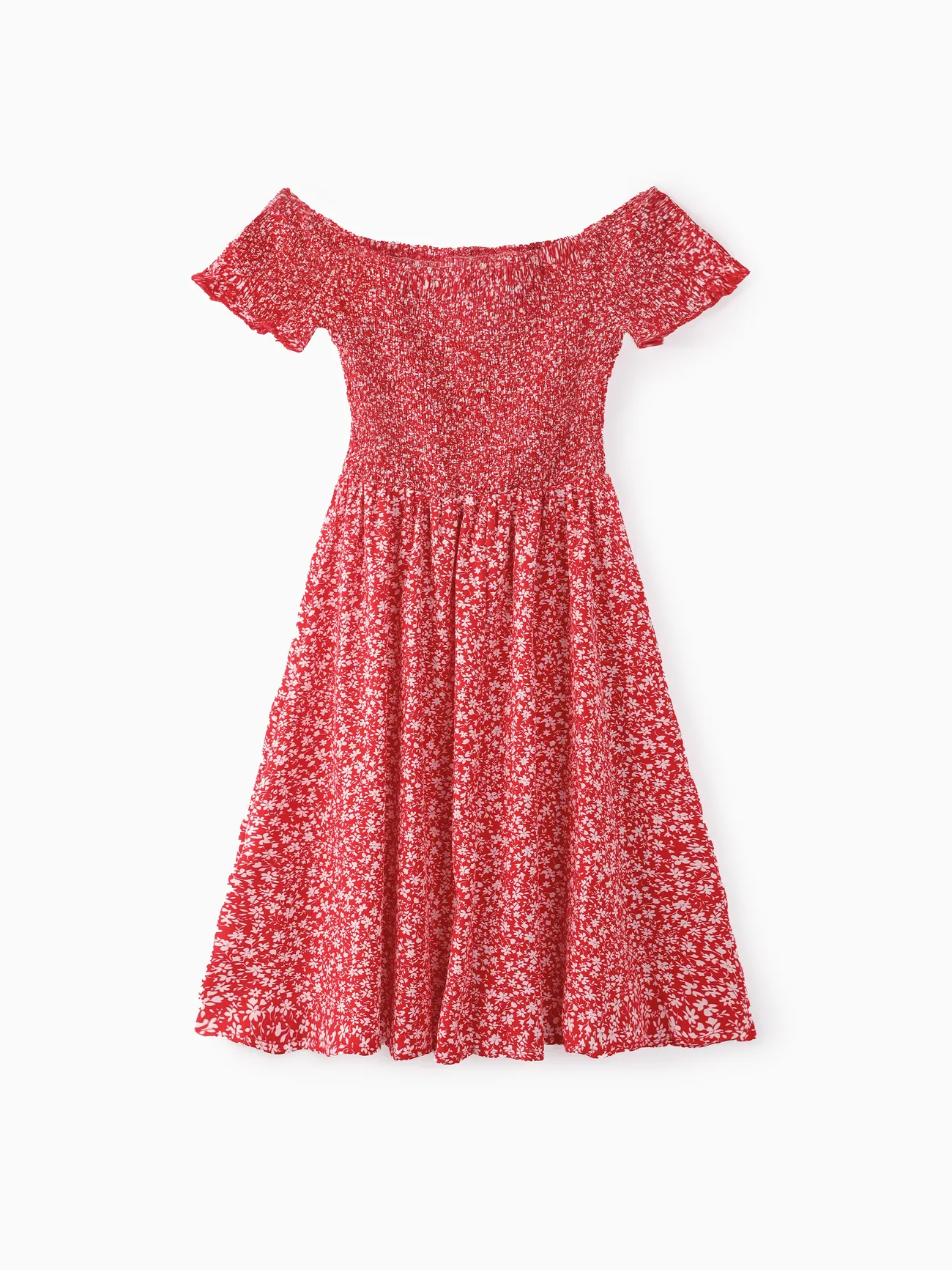 

All Over Red Floral Print Off Shoulder Short-sleeve Shirred Dress for Mom and Me