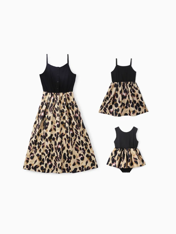 Leopard Print Splice Black Sling Dresses for Mommy and Me