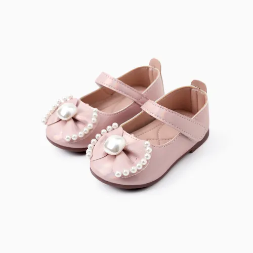 Toddler/Kid Girl Sweet Bow Applique Pearl Velcro Closure Leather Shoes