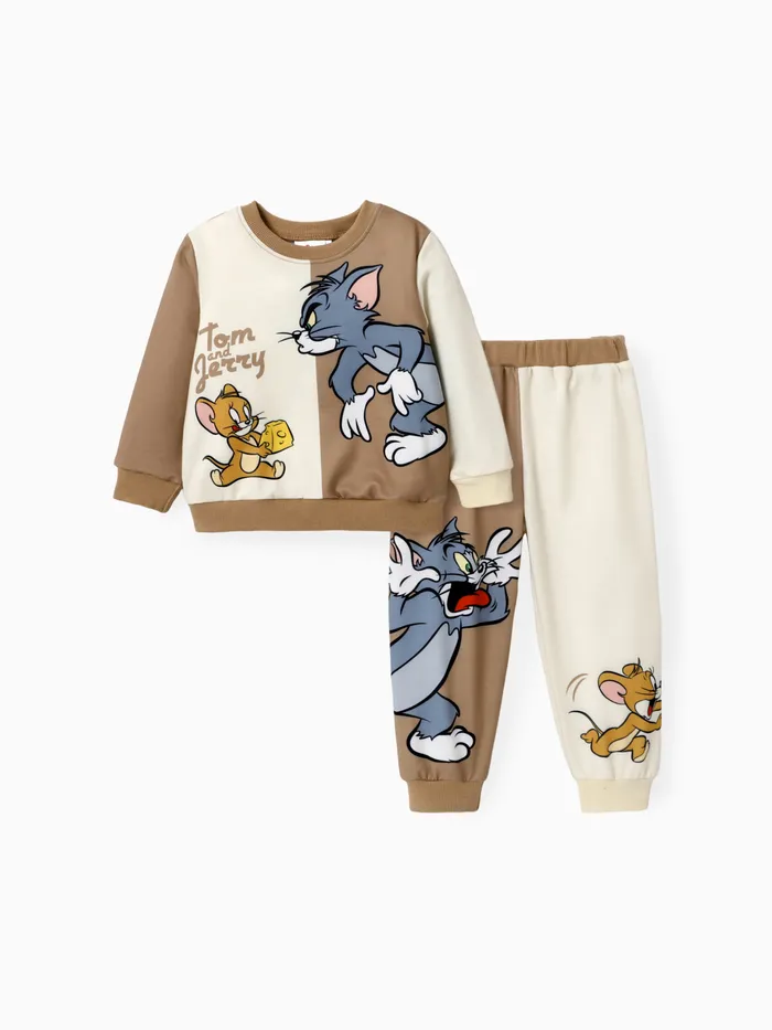 Tom und Jerry Jungen-Colorblock-Charakter-Print Langärmeliges Oberteil und Hosen-Set