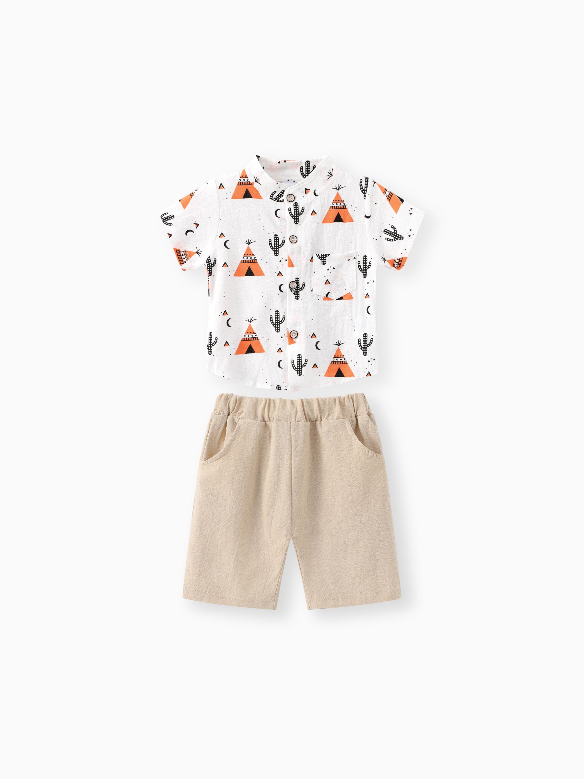 

2pcs Baby Boy 95% Cotton Short-sleeve All Over Cactus Print Button Up Shirt and Solid Shorts Set