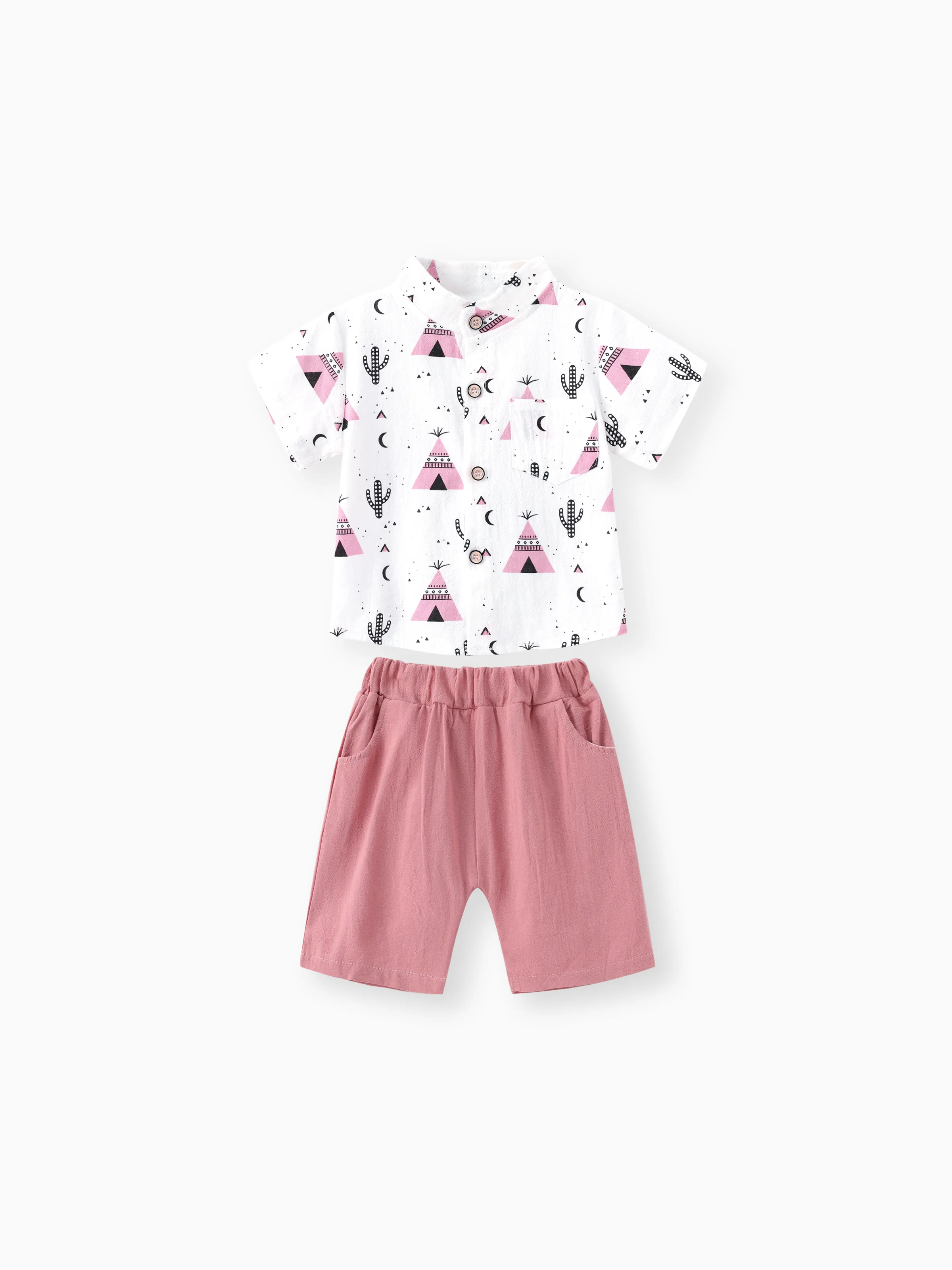 

2pcs Baby Boy 95% Cotton Short-sleeve All Over Cactus Print Button Up Shirt and Solid Shorts Set