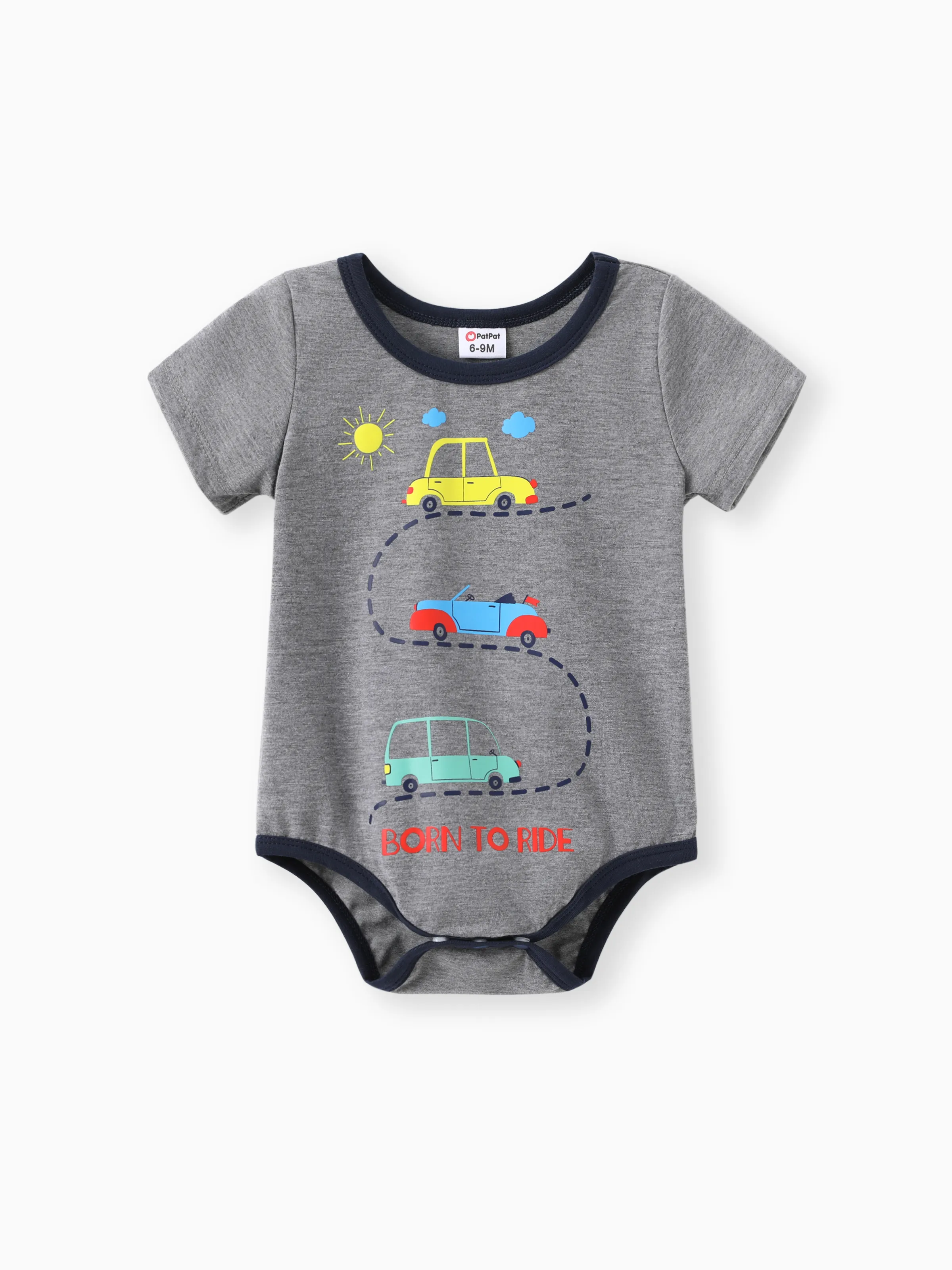 

Baby Boy Cartoon Vehicle Print Grey/White/Colorful Striped Short-sleeve Romper