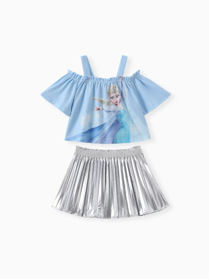 Disney Princess Toddler Girls 2pcs Naia™ Elsa/Anna Magic Print Off-shoulder Top with Metallic Pleats Skirt Set