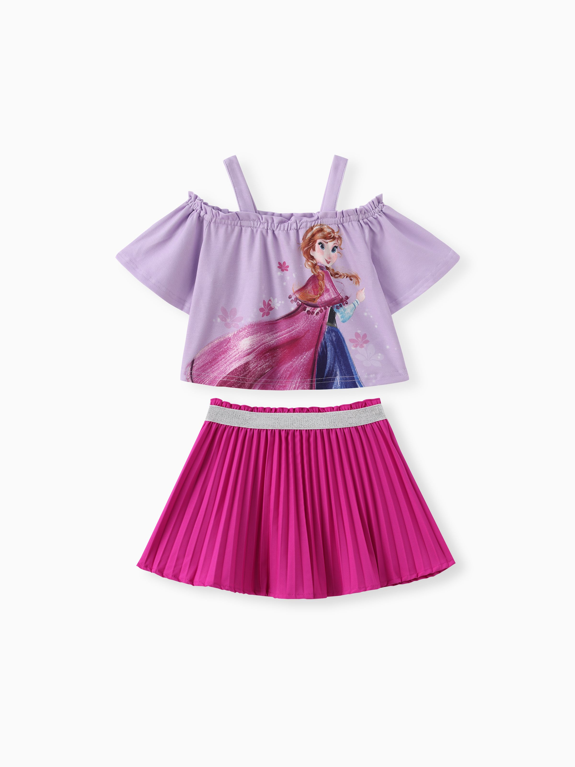 

Disney Princess Toddler Girls 2pcs Naia™ Elsa/Anna Magic Print Off-shoulder Top with Metallic Pleats Skirt Set