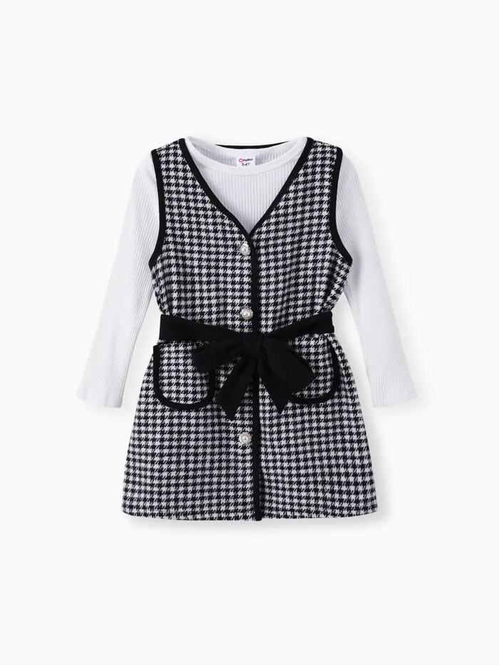 Toddler Girl 2pcs Solid Tee et Grid Button Dress Set