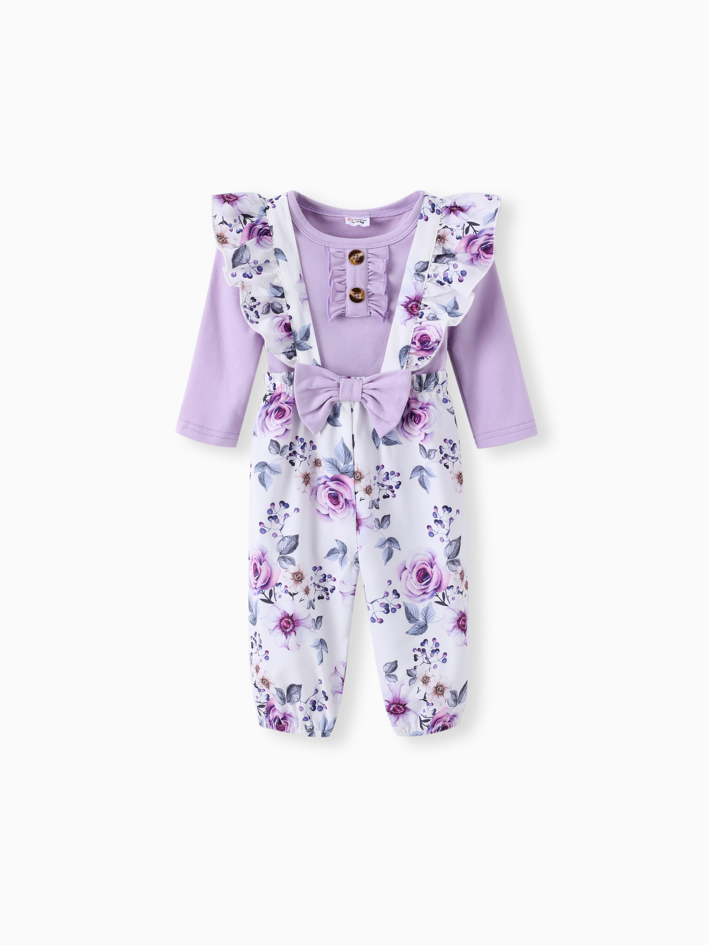 

Baby Girl 2pcs Ruffled Romper and Floral Overalls Set