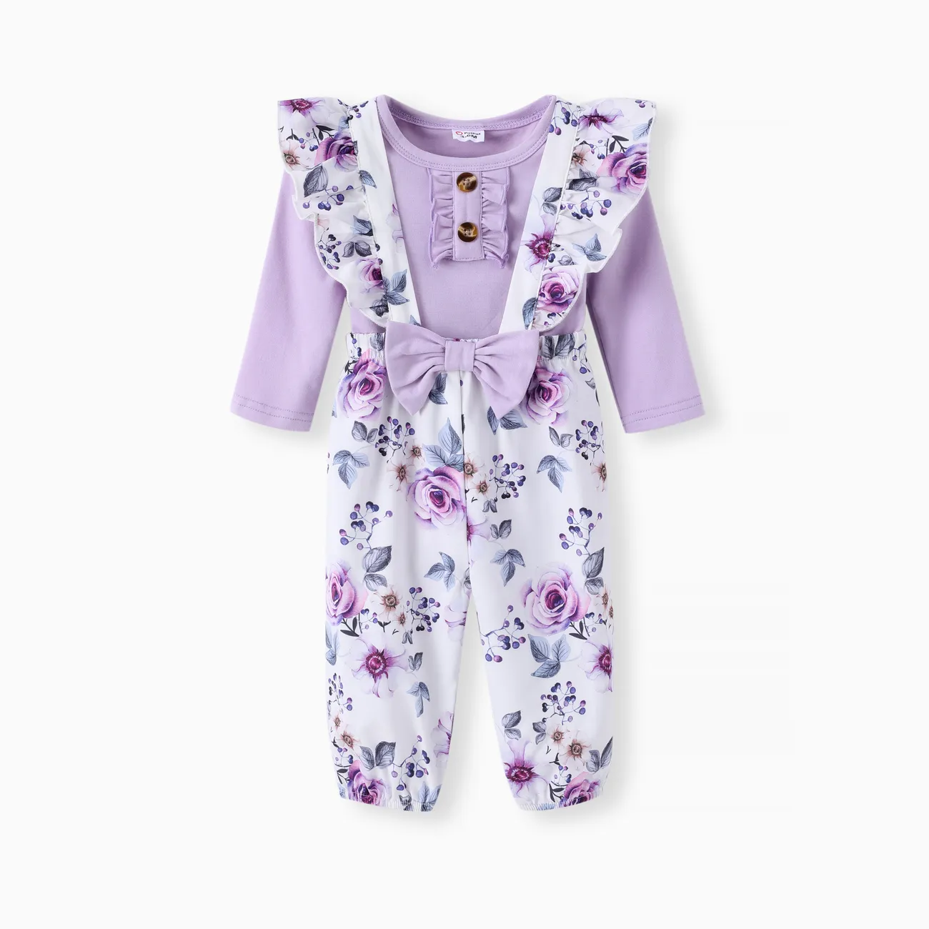 Baby Girl 2pcs Ruffled Romper and Floral Overalls Set