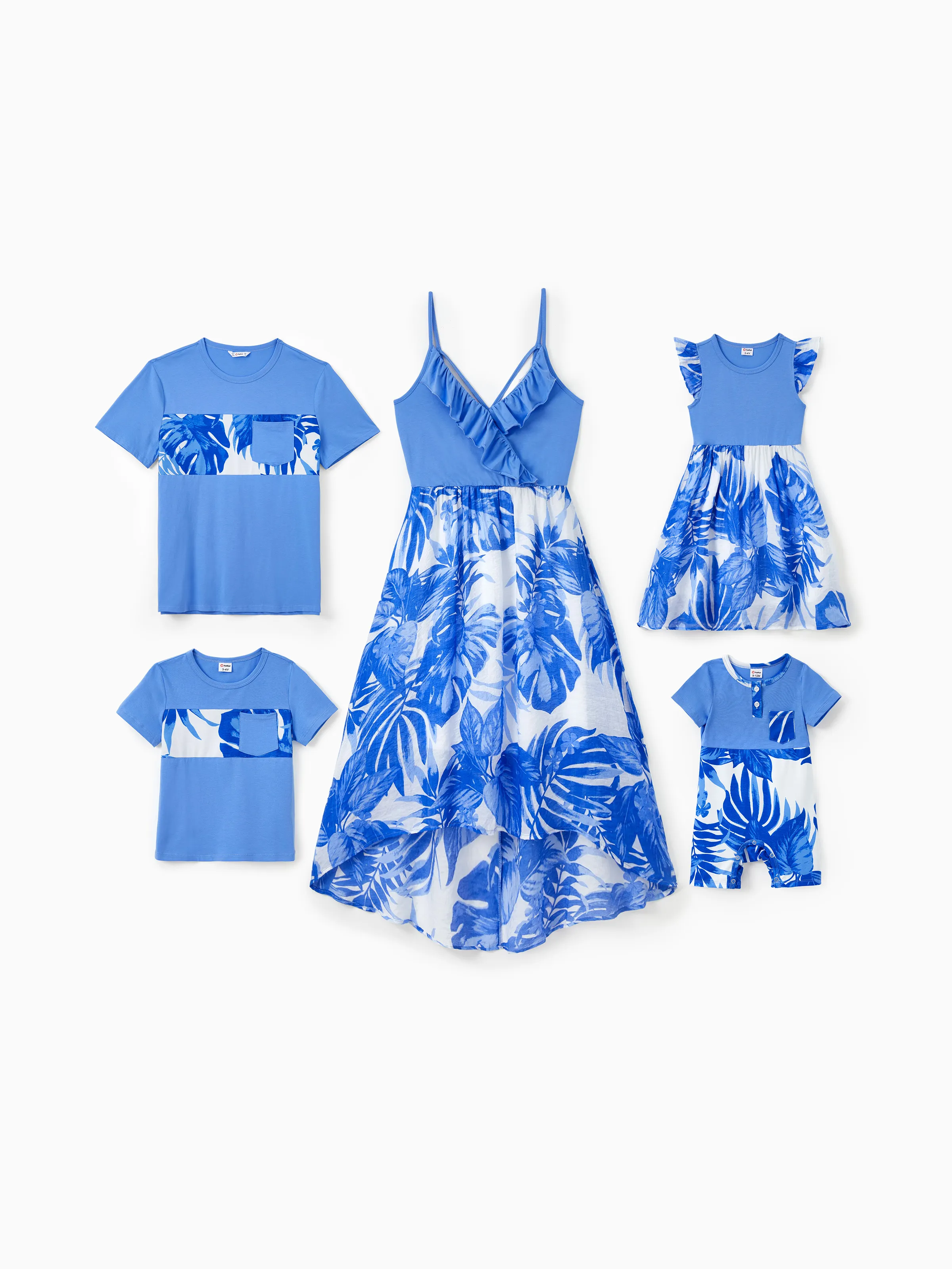 

Family Matching Sets Blue Tropical Floral Panel Tee or Ruffle Neck Cross Back High-Low Strap Dress