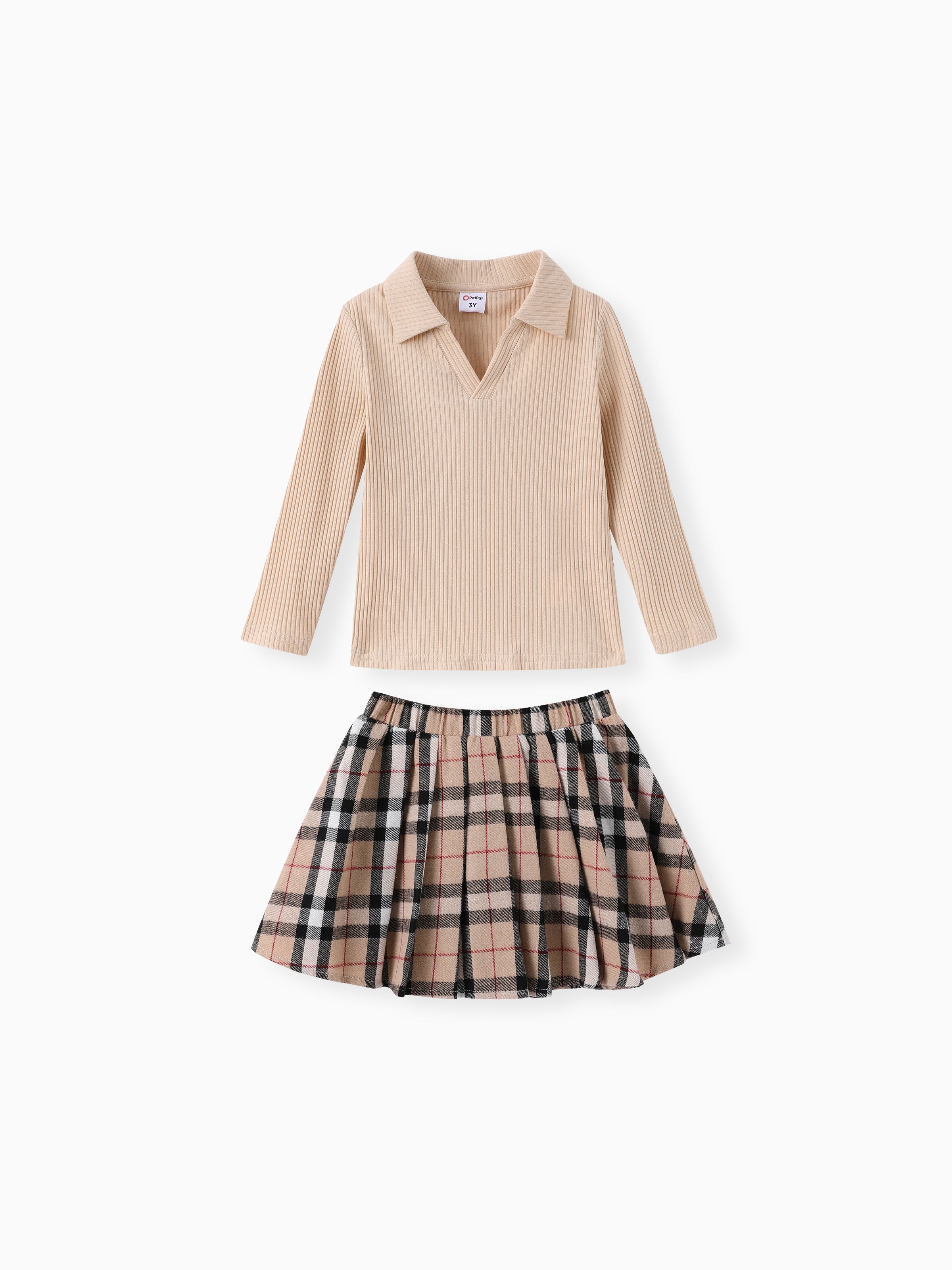 

Toddler Girl 2pcs Classic Polo Collar Top and Grid Skirt Set