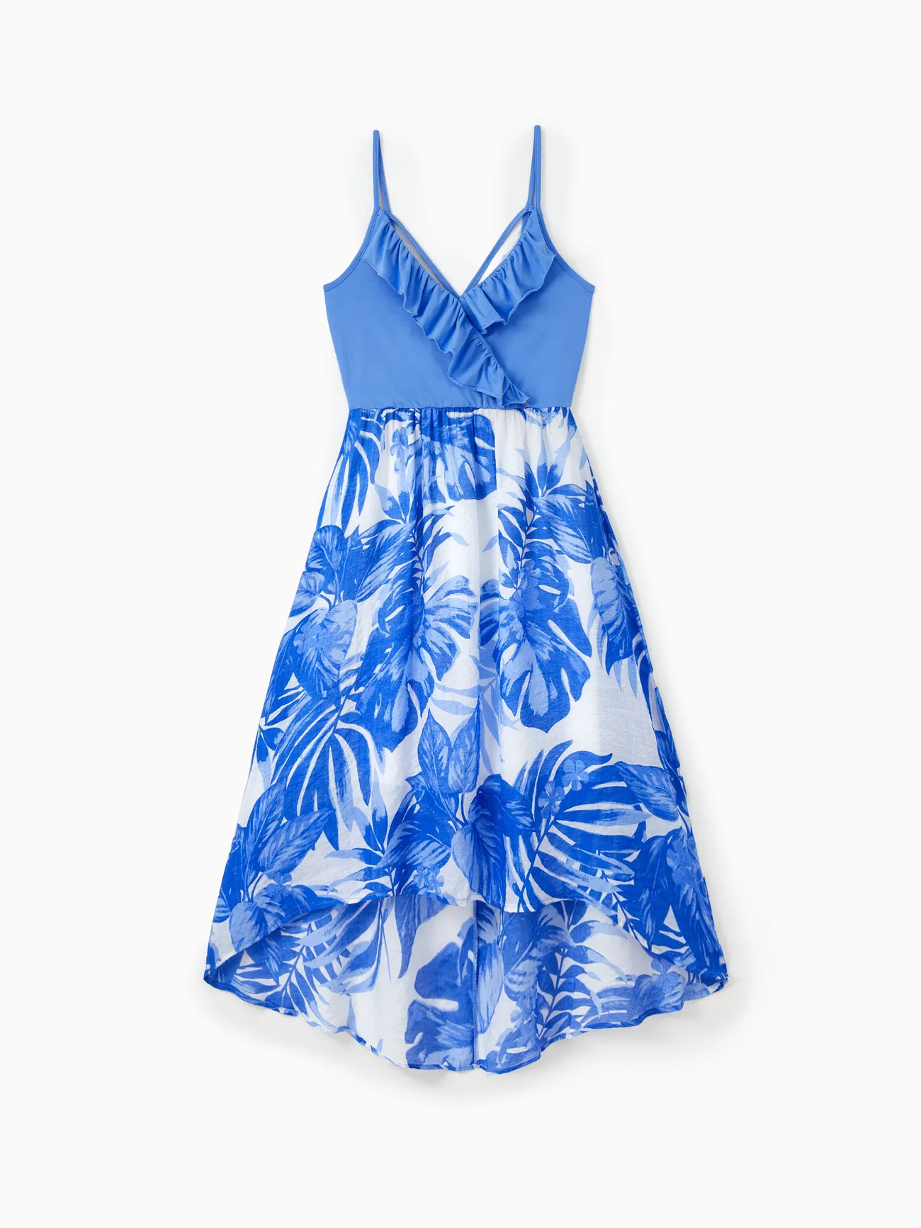 

Family Matching Sets Blue Tropical Floral Panel Tee or Ruffle Neck Cross Back High-Low Strap Dress