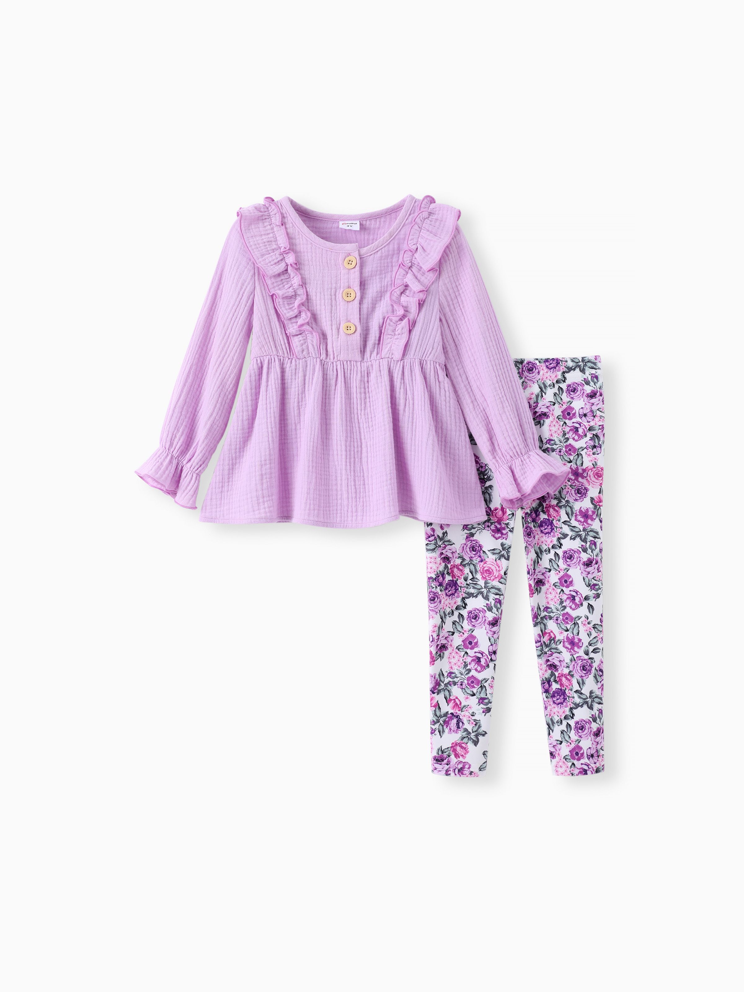 

Toddler Girl 2pcs Sweet Ruffled Top and Floral Leggings Set