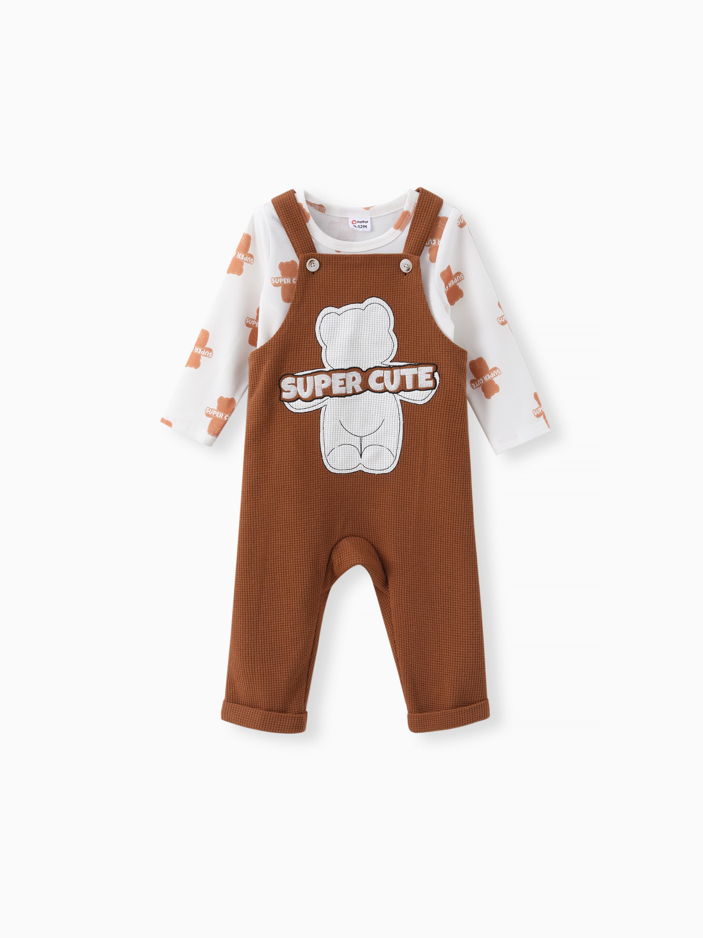 

Baby Girl 2pcs Bear Print Tee and Embroidered Overalls Set