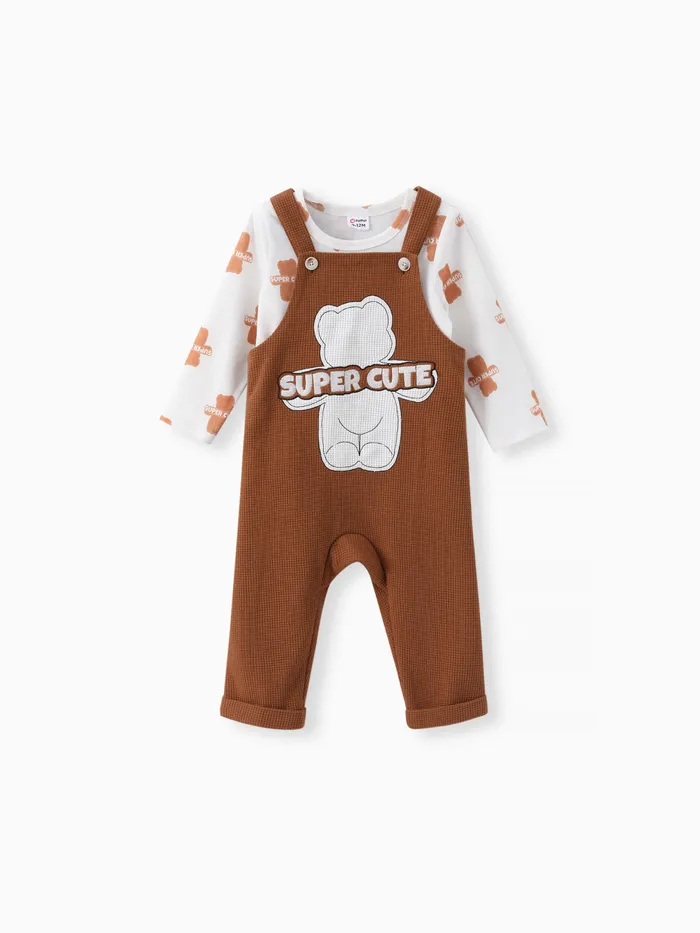 Baby Girl 2pcs Bear Print Tee and Embroidered Overalls Set
