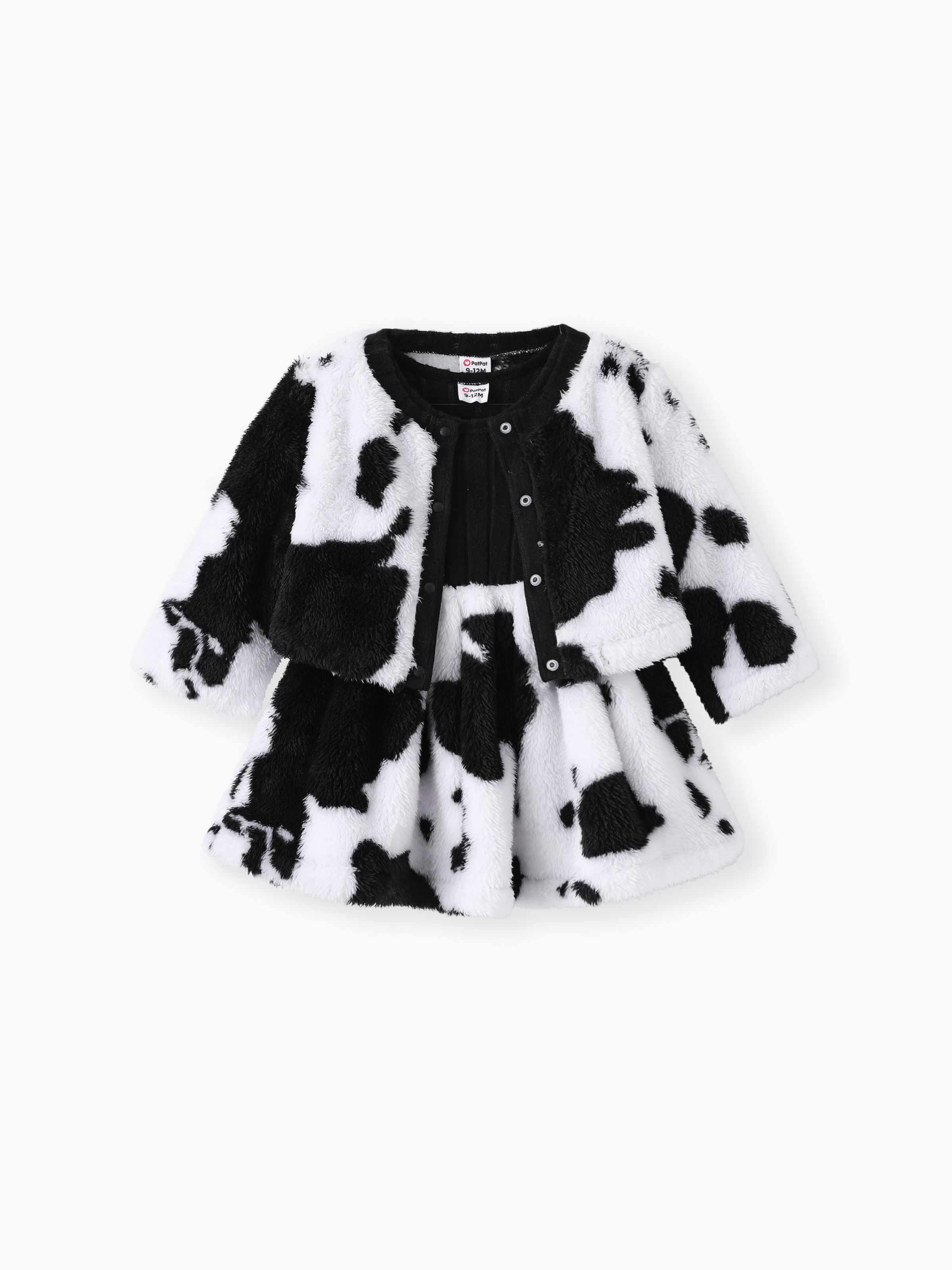 

Baby Girl 2pcs Cow Pattern Fleece Jacket and Dress Set