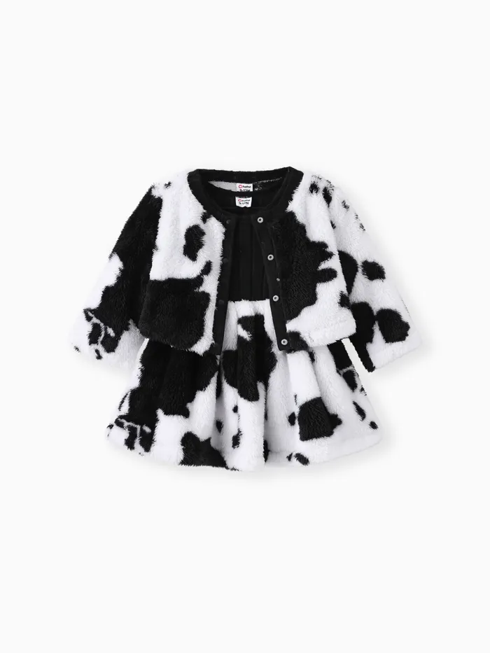 Baby Girl 2pcs Cow Pattern Fleece Jacket and Dress Set