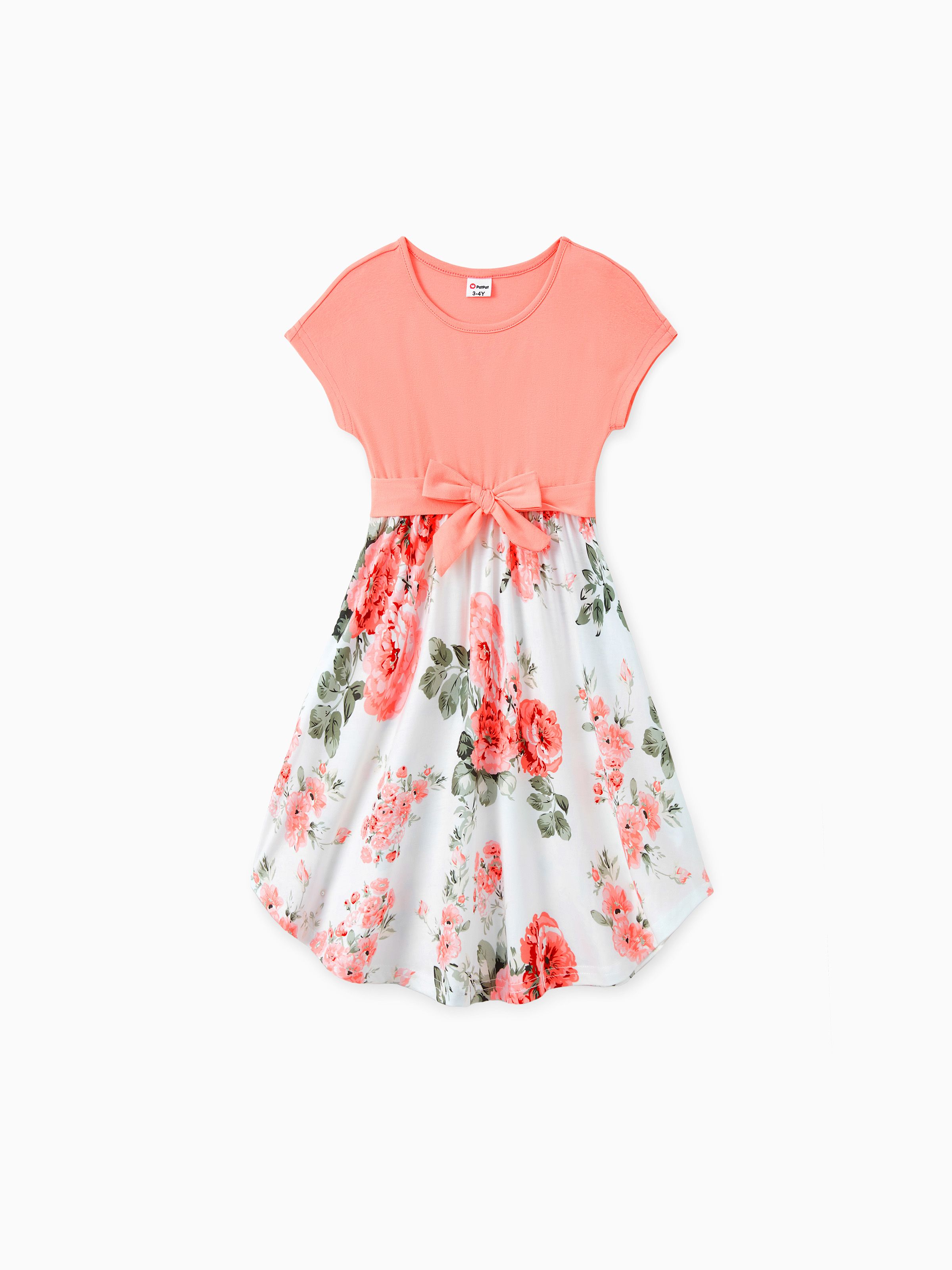 

Family Matching Sets Pinkish Orange Cap-sleeve Spliced Floral Dresses and Short-sleeve Color Block T-shirts