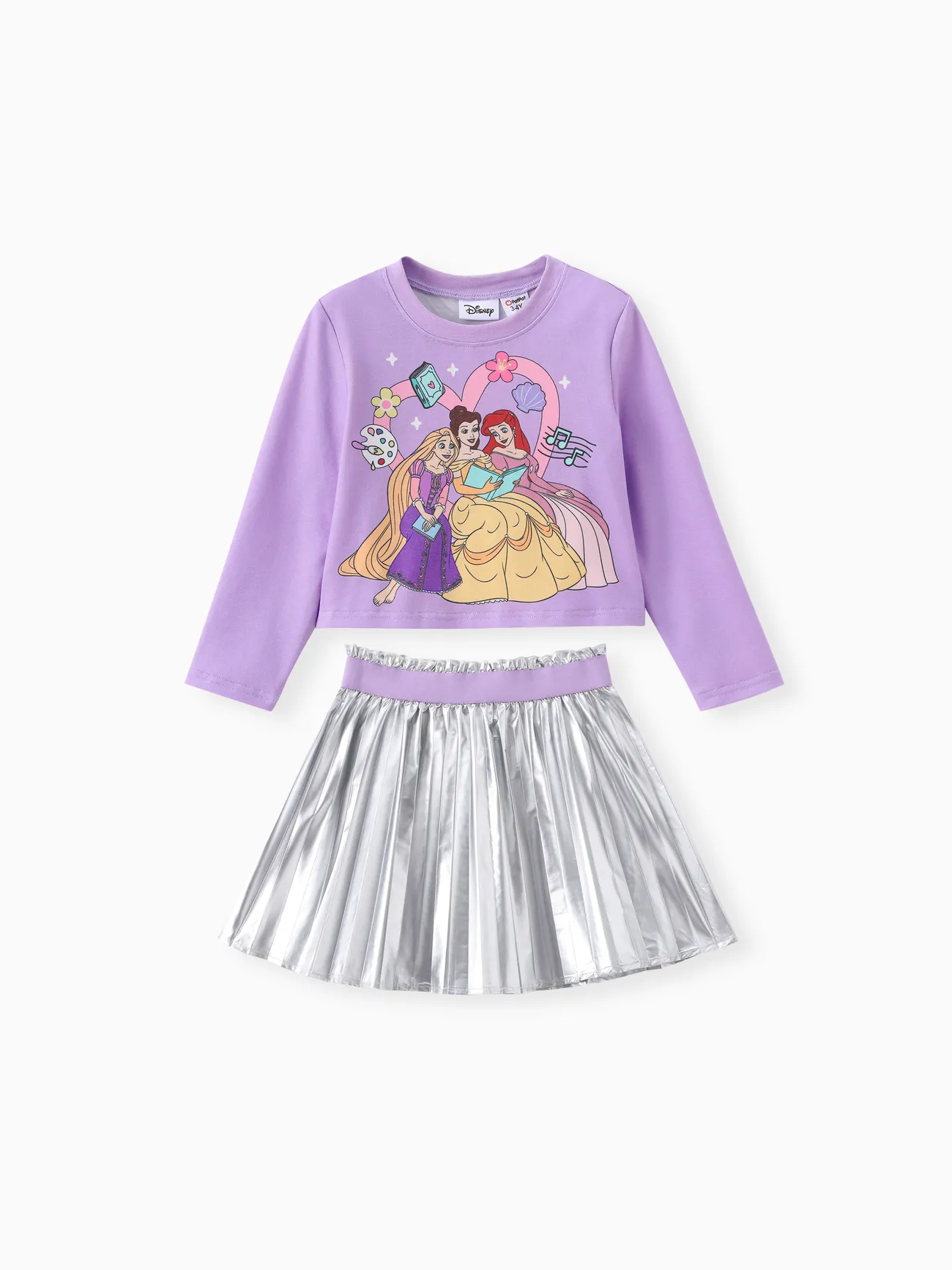 Disney Princess Toddler Girl Rapunzel/Belle/Ariel 2pcs Long-sleeve T-shirt with Metallic Skirt Set