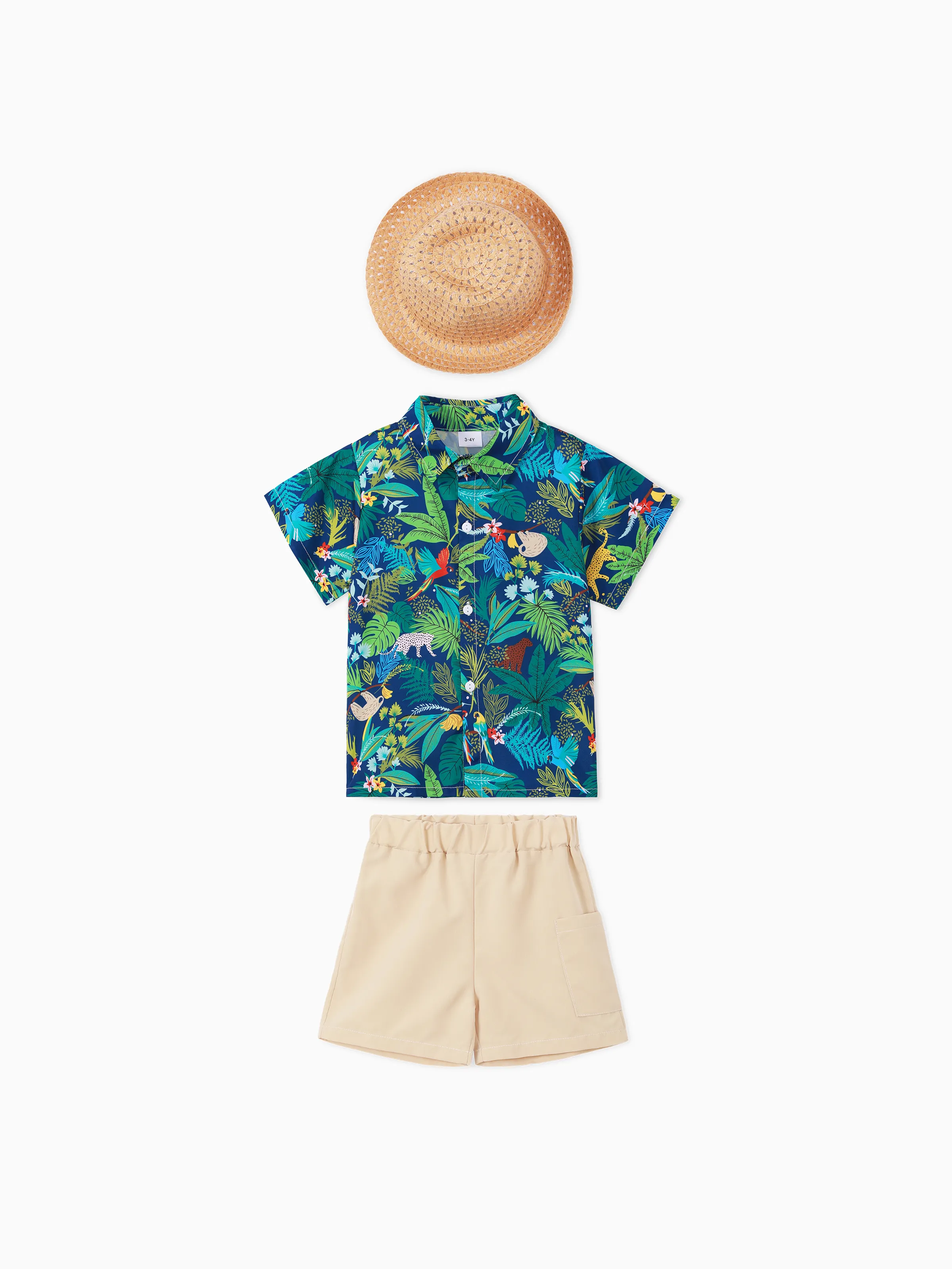 

3pcs Toddler Boy Vacation Straw Hat and Animal Floral Print & Shorts Set