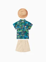 

3pcs Toddler Boy Vacation Straw Hat and Animal Floral Print & Shorts Set