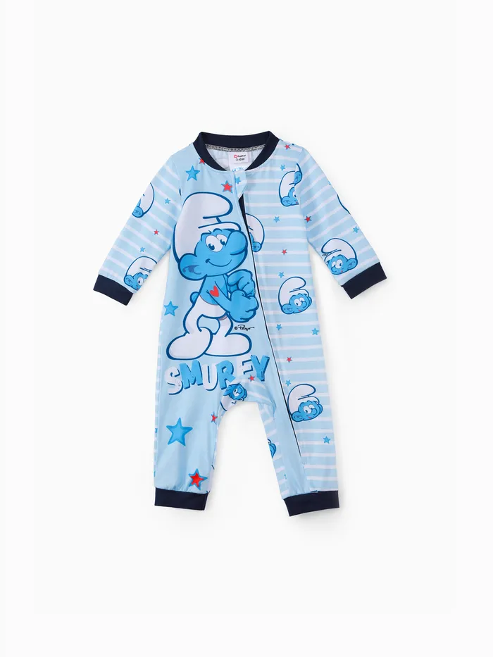 Smurfs Baby Boy Allover Print Striped Zipper Long-sleeve Jumpsuit